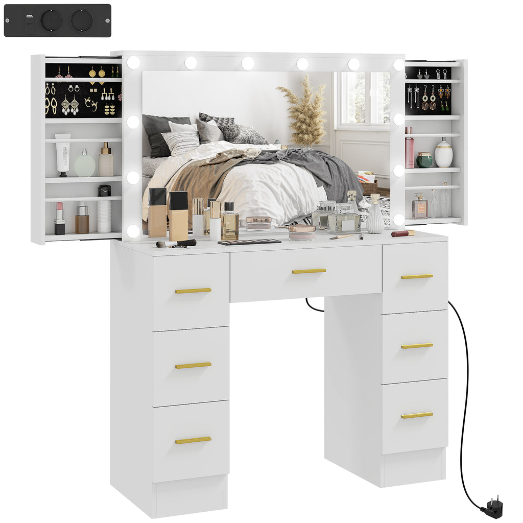 HOMCOM Kaptafel met Spiegel en 12 LED-lampen, Friseurtafel met 7 Lades, 6 Verborgen Opbergvakken, Spaanplaat, Wit