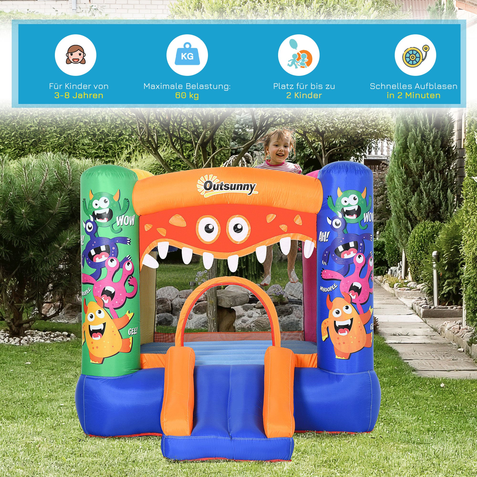 Outsunny opblaasbaar springkasteel met elektrische pomp voor 2 kinderen 250 x 180 x 175 cm