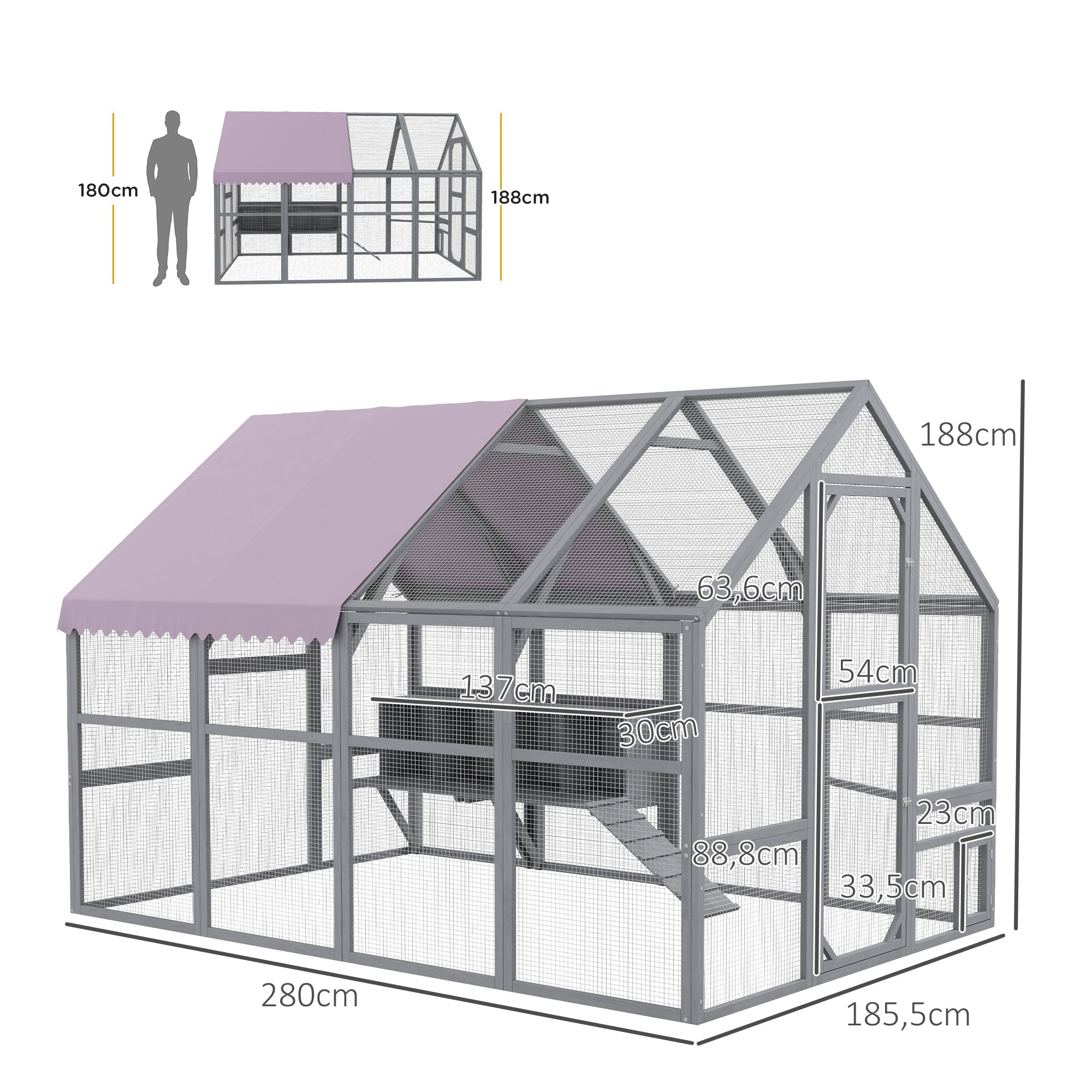 PawHut Kippenren Kippenhok Kippenhuis, toegankelijk, weerbestendig, 280 x 185,5 x 188 cm, Grijs