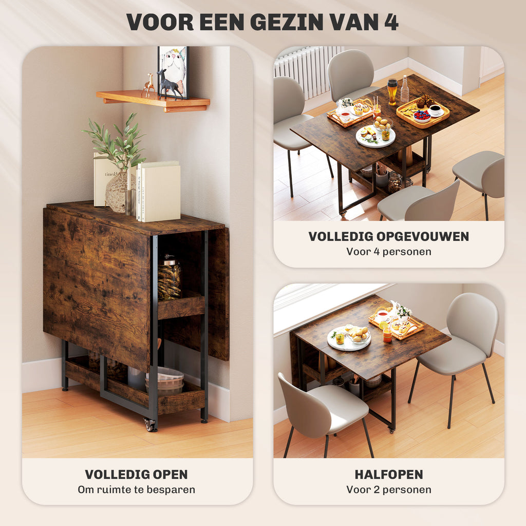 HOMCOM Inklapbare Eettafel in Industrieel Ontwerp, voor tot 4 Personen, Open Schappen, Flexibel, Metaal, Spaanplaat, Bruin