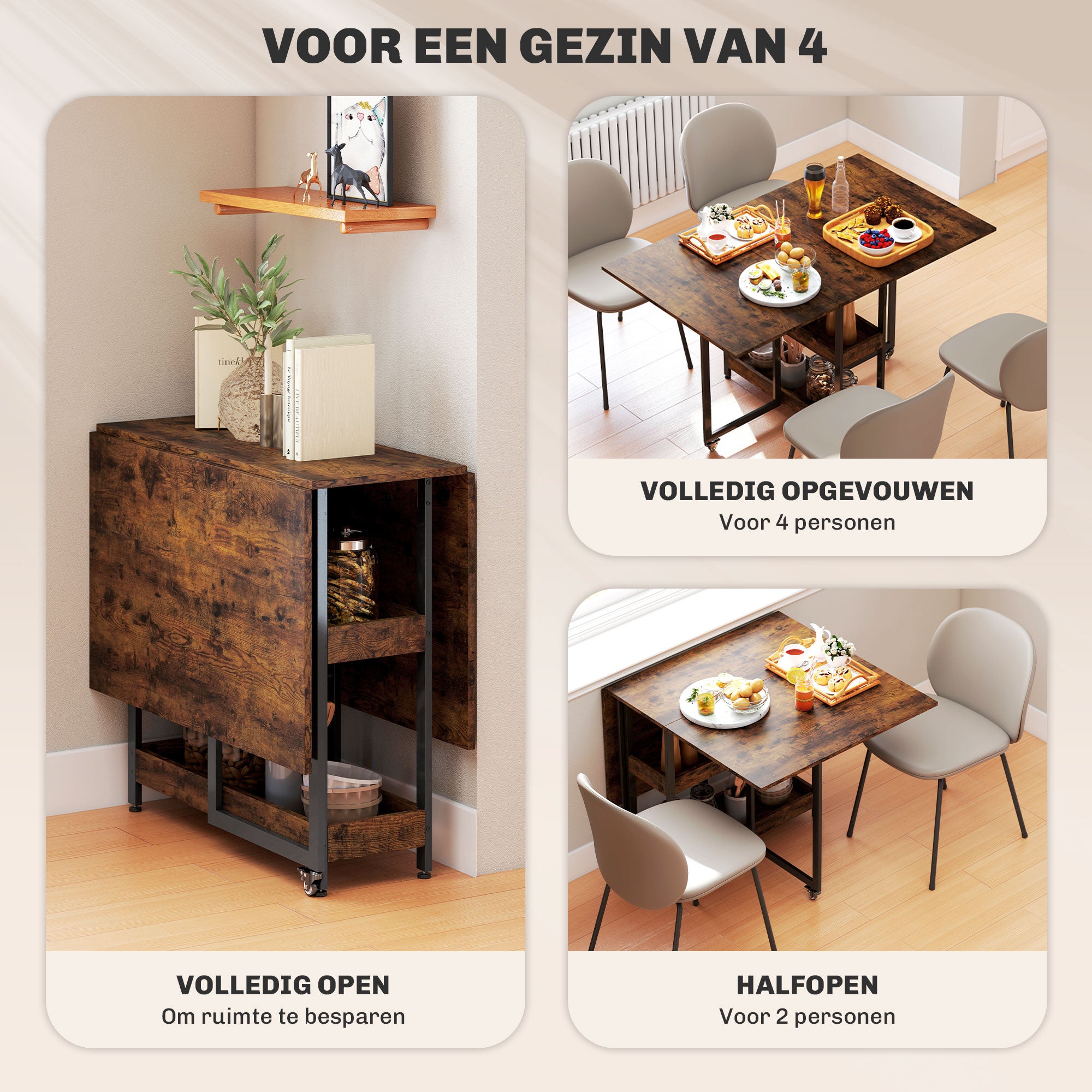 HOMCOM Inklapbare Eettafel in Industrieel Ontwerp, voor tot 4 Personen, Open Schappen, Flexibel, Metaal, Spaanplaat, Bruin