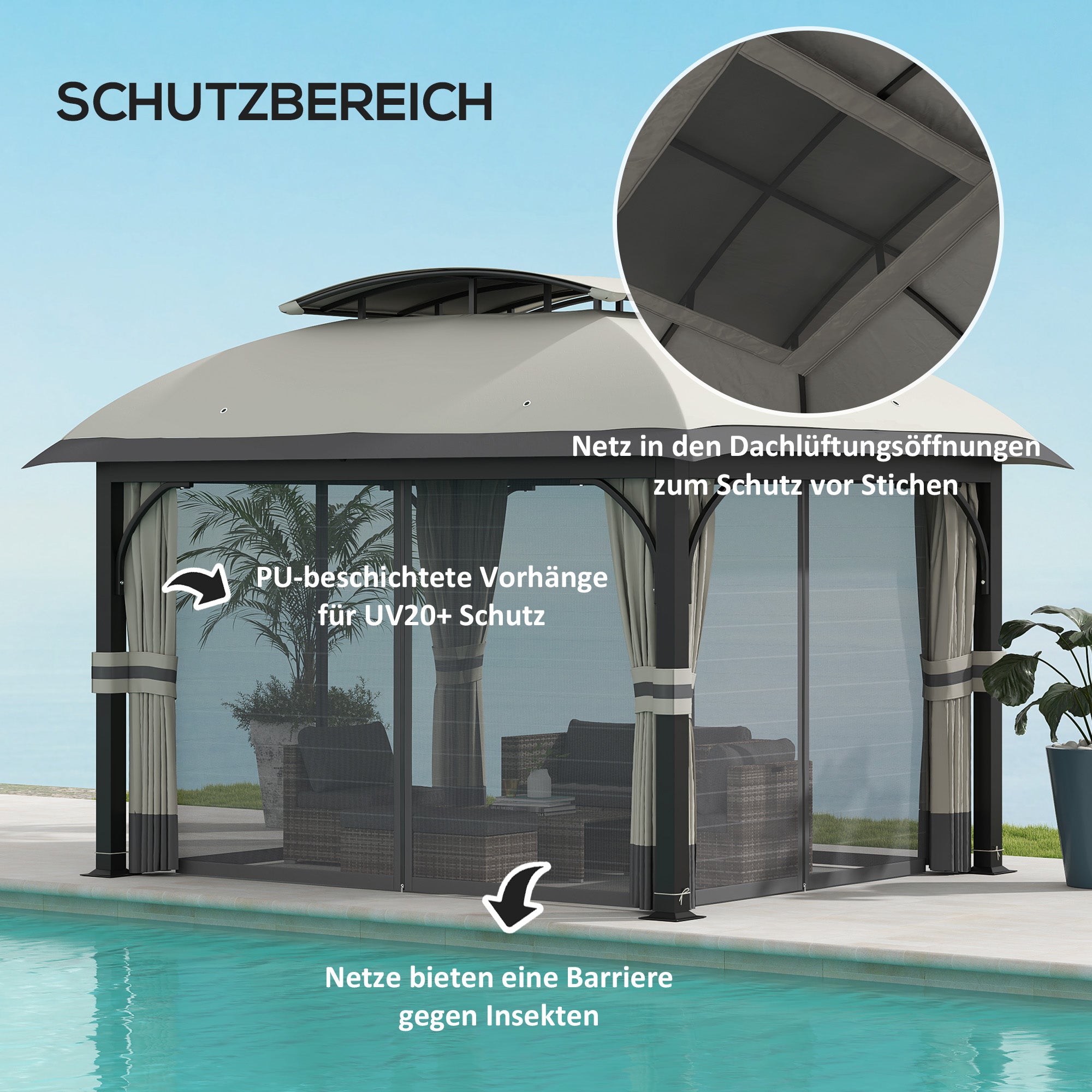 Outsunny Tuinpaviljoen, 3,3 x 4 m Partytent met Netgordijnen, Dubbeldeks Dak, Kunstleder Coating, Metalen Frame, Lichtgrijs