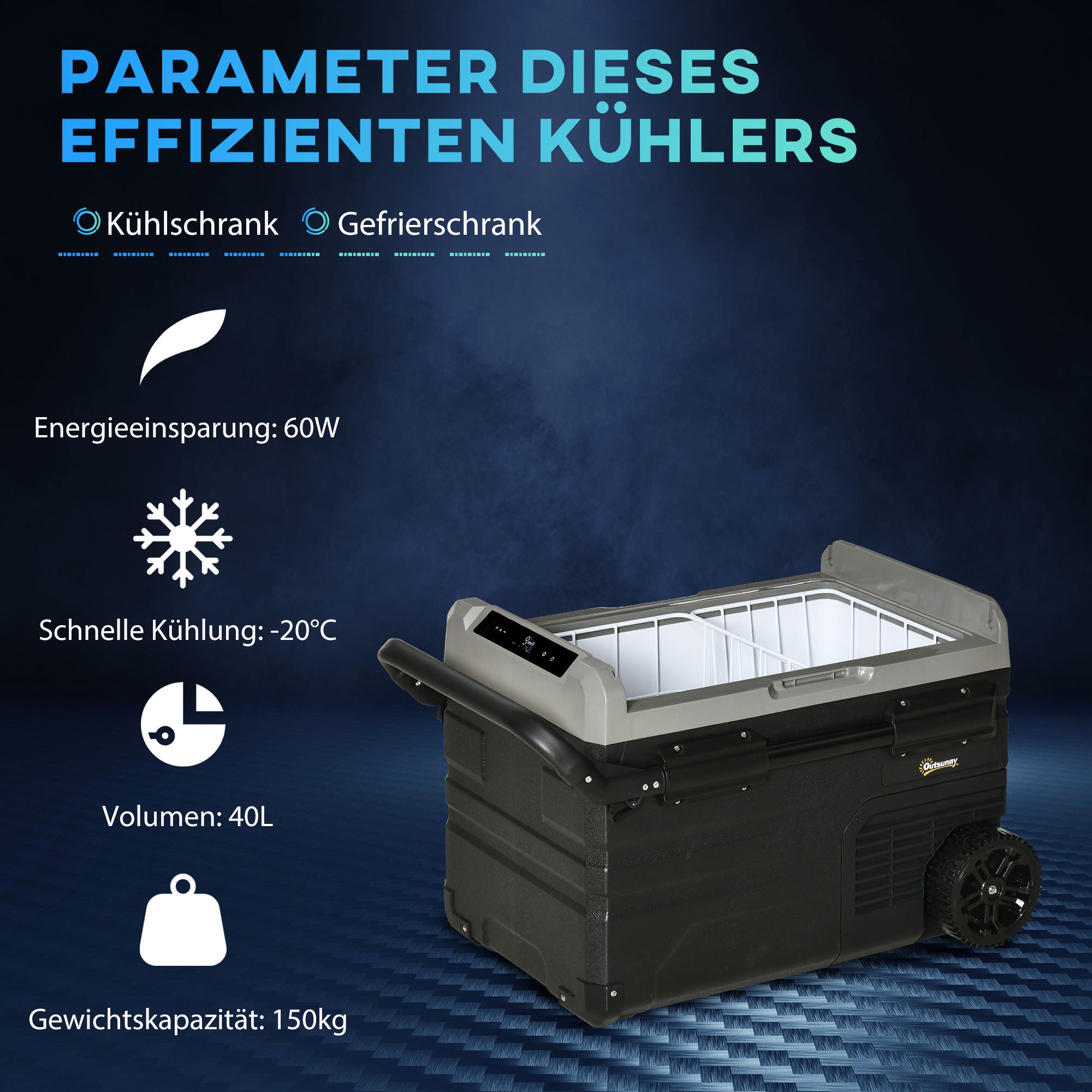 Outsunny koelbox auto 40L met LED verlichting compressor auto koelkast met handgrepen transportwielen kofferbak camper travel 12/24V DC en 110-240V AC grijs + zwart