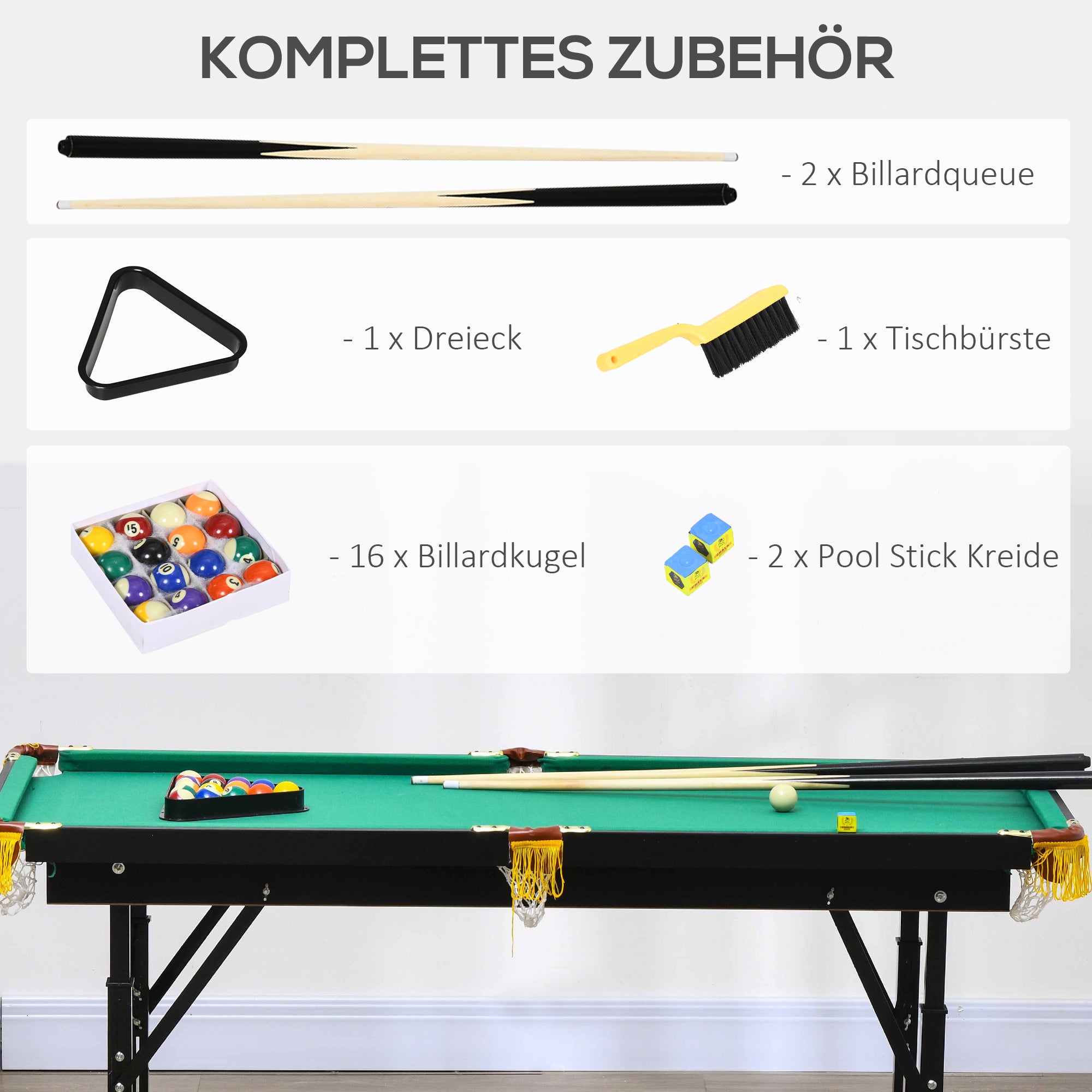 SPORTNOW Biljarttafel, inklapbaar, verstelbare hoogte, incl. driehoek/2 keus/16 ballen, Groen