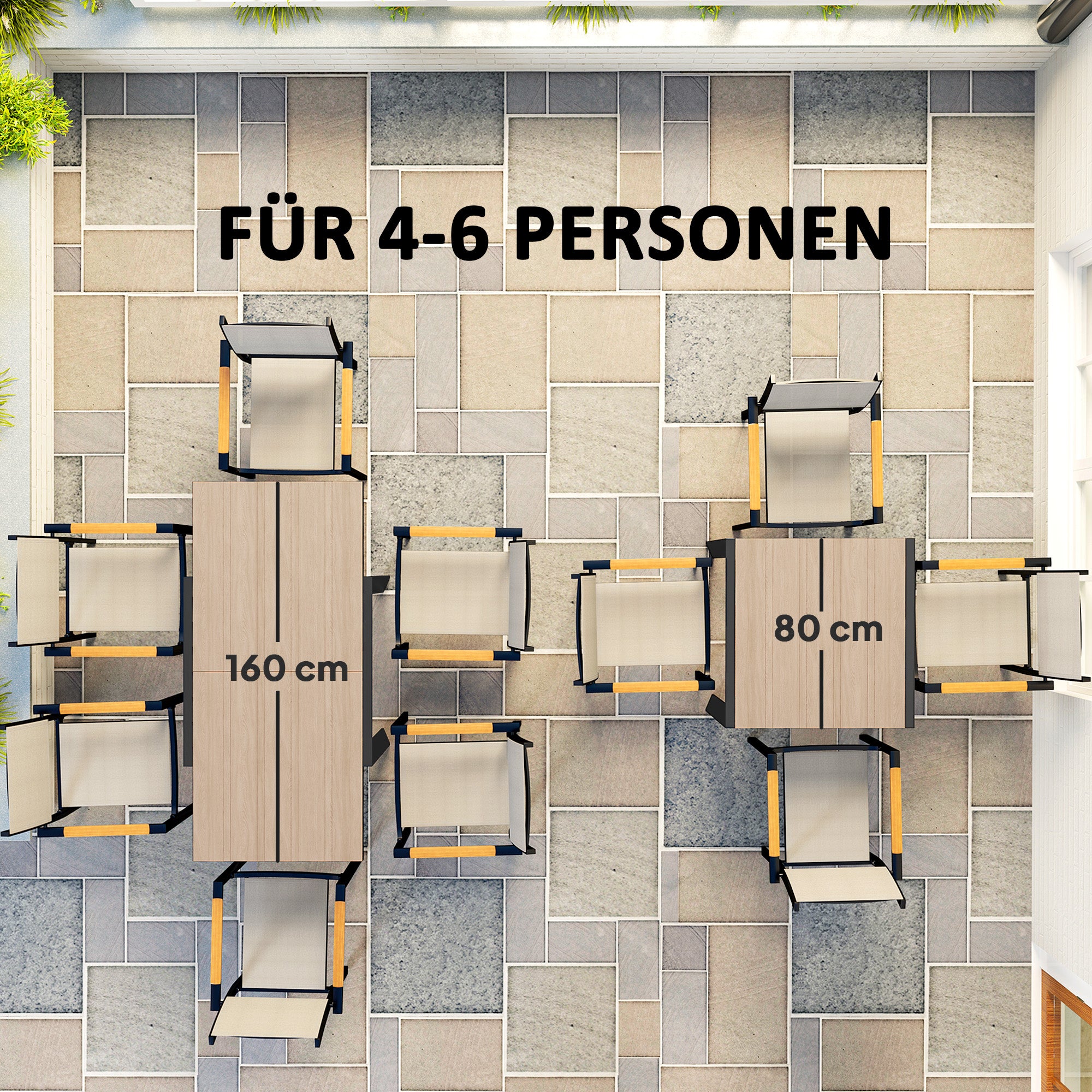 Outsunny Weerbestendige Uitschuifbare Aluminium Tuintafel 80/160x80 cm voor 6 Personen in Natuurhout Look