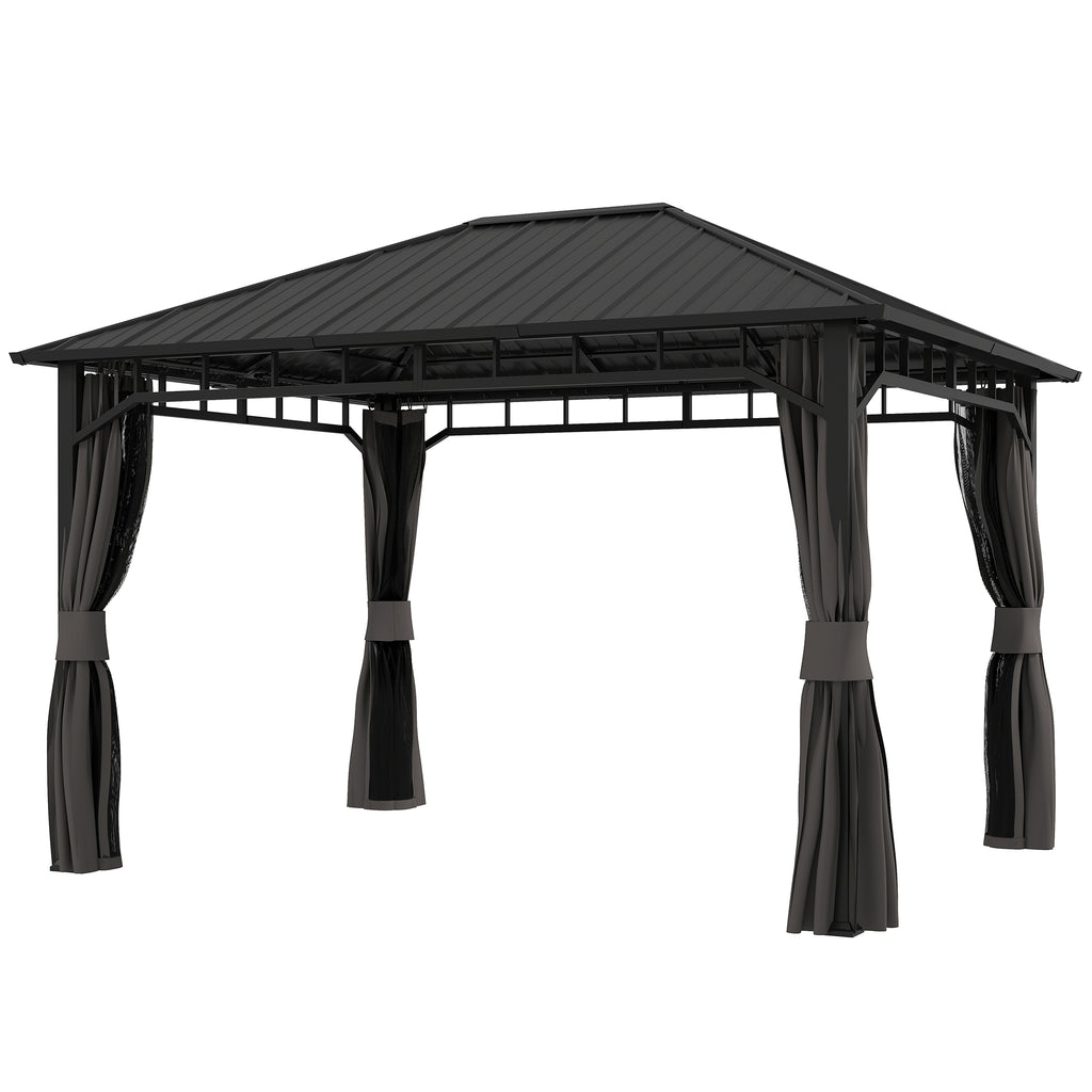 Outsunny Tuinpaviljoen, Metalen Paviljoen, Waterdicht, UV-bestendig, Terraspaviljoen met Netwanden en Gordijnen, Donkergrijs