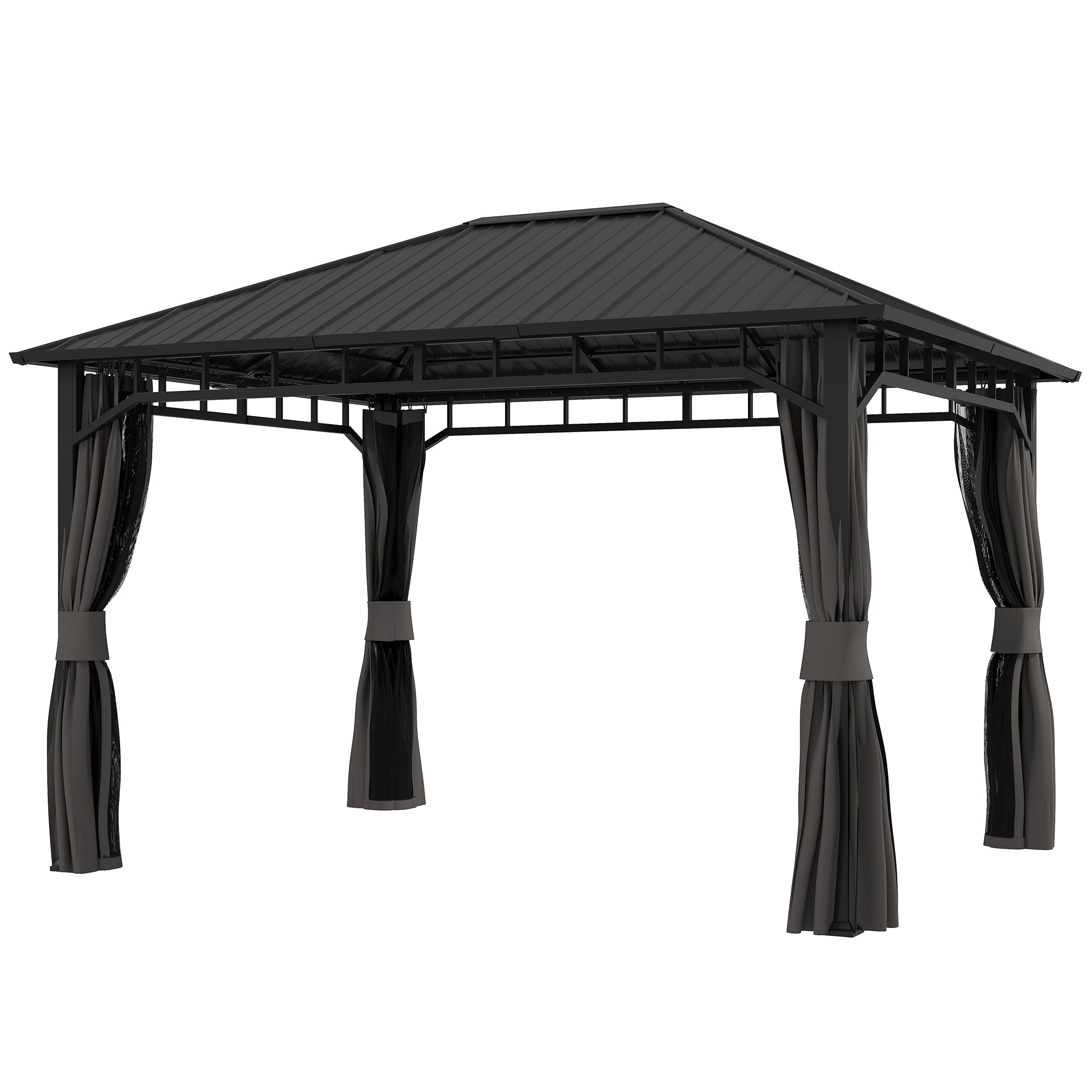 Outsunny Tuinpaviljoen, Metalen Paviljoen, Waterdicht, UV-bestendig, Terraspaviljoen met Netwanden en Gordijnen, Donkergrijs