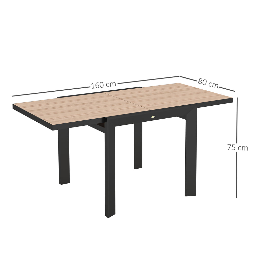 Outsunny Weerbestendige Uitschuifbare Aluminium Tuintafel 80/160x80 cm voor 6 Personen in Natuurhout Look