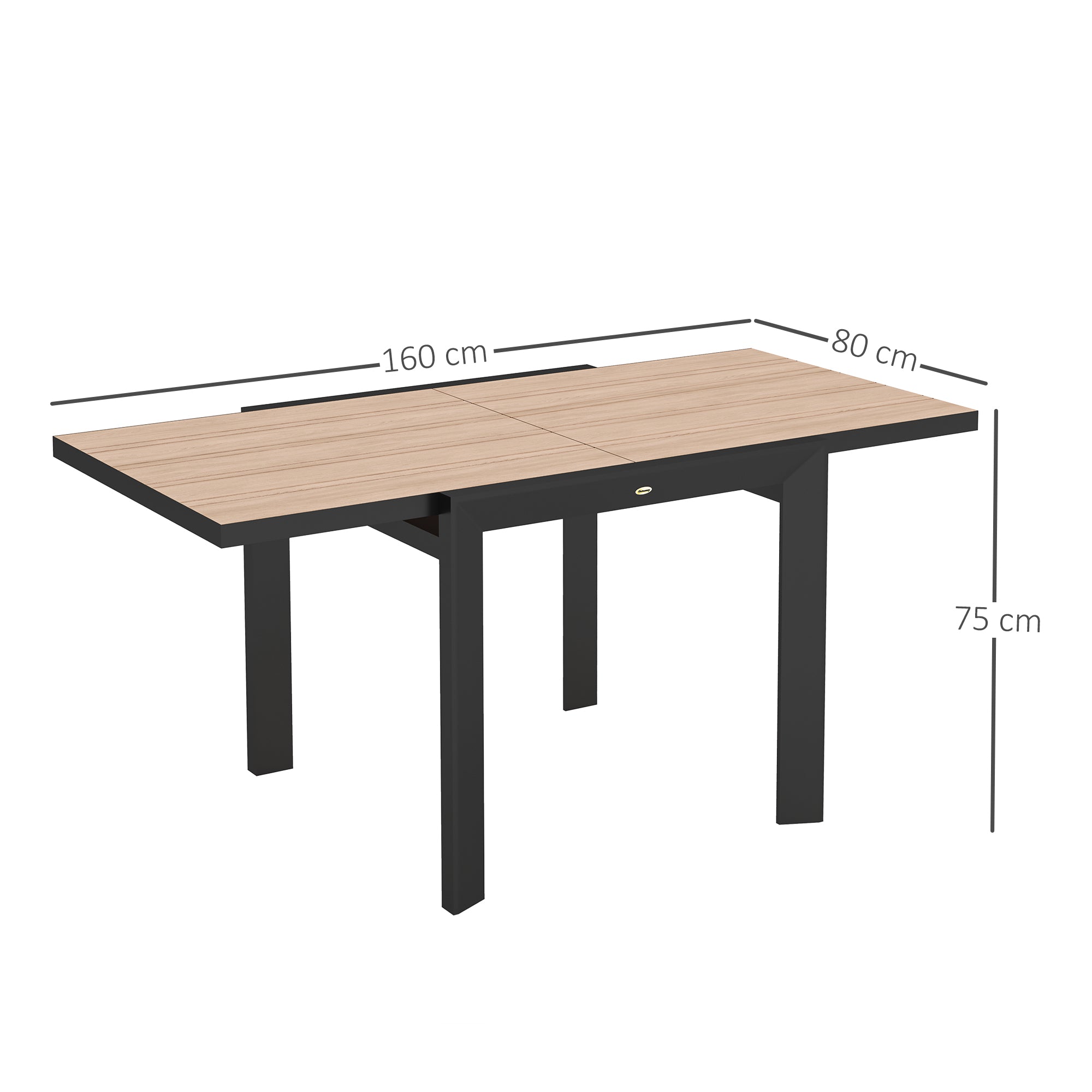 Outsunny Weerbestendige Uitschuifbare Aluminium Tuintafel 80/160x80 cm voor 6 Personen in Natuurhout Look