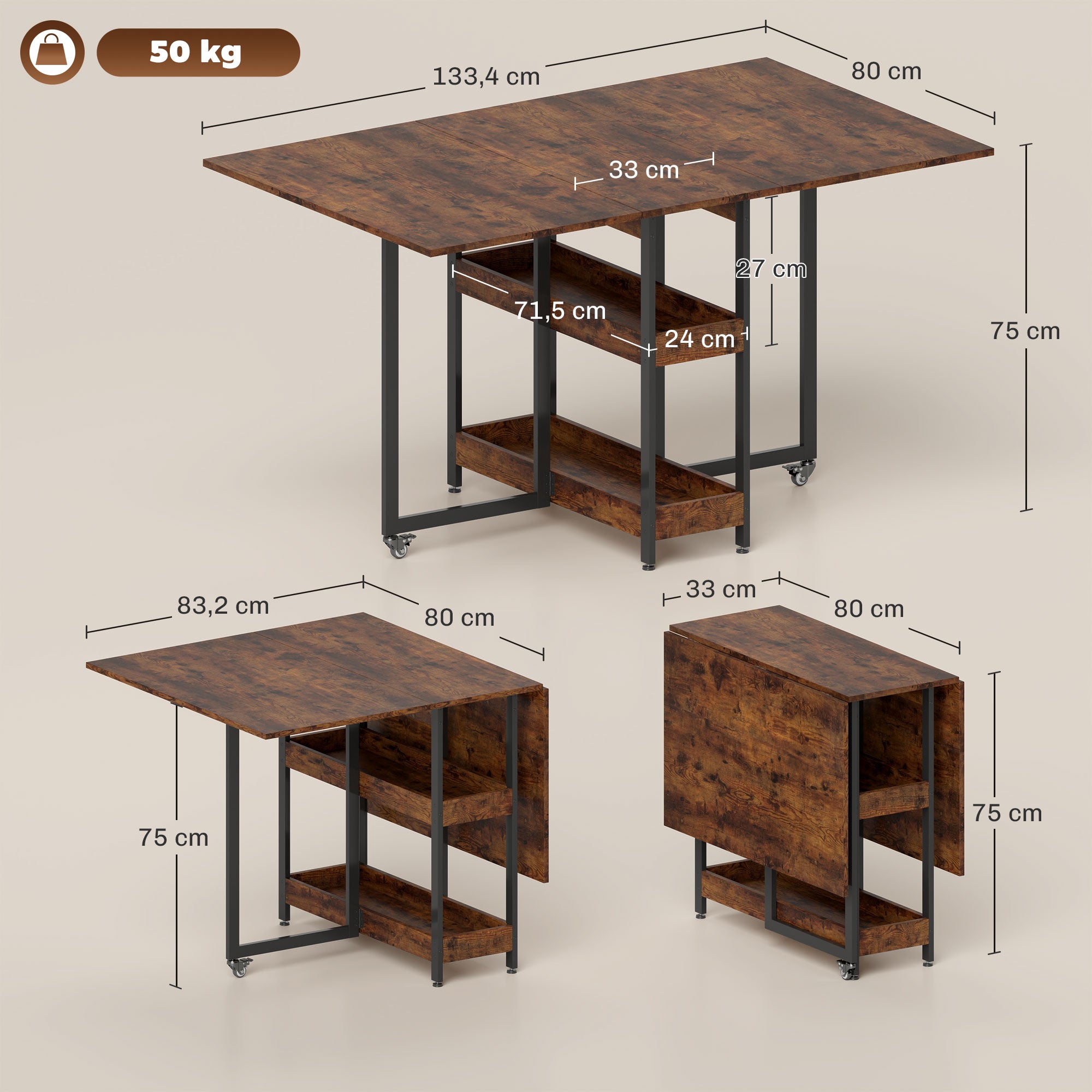 HOMCOM Inklapbare Eettafel in Industrieel Ontwerp, voor tot 4 Personen, Open Schappen, Flexibel, Metaal, Spaanplaat, Bruin