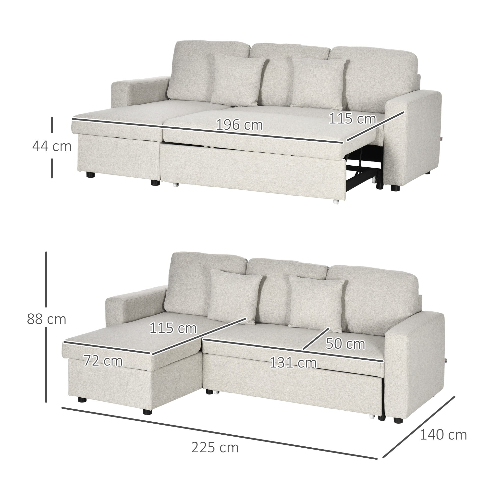 HOMCOM Slaapbank Hoekbank met Bedfunctie, inclusief 2-Zits Sofa, Eenpersoonsbed, L-vorm met Opbergruimte, 2 Kussens Crèmewit