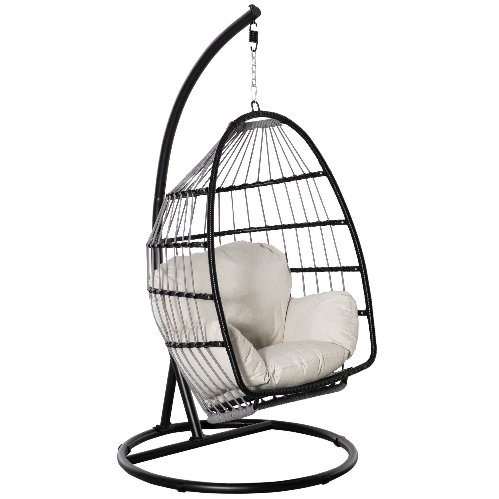 Outsunny hangstoel hangmand met frame hangende schommel hangstoel met kussenmand opvouwbaar metaal zwart + crème wit 101 x 101 x 188 cm