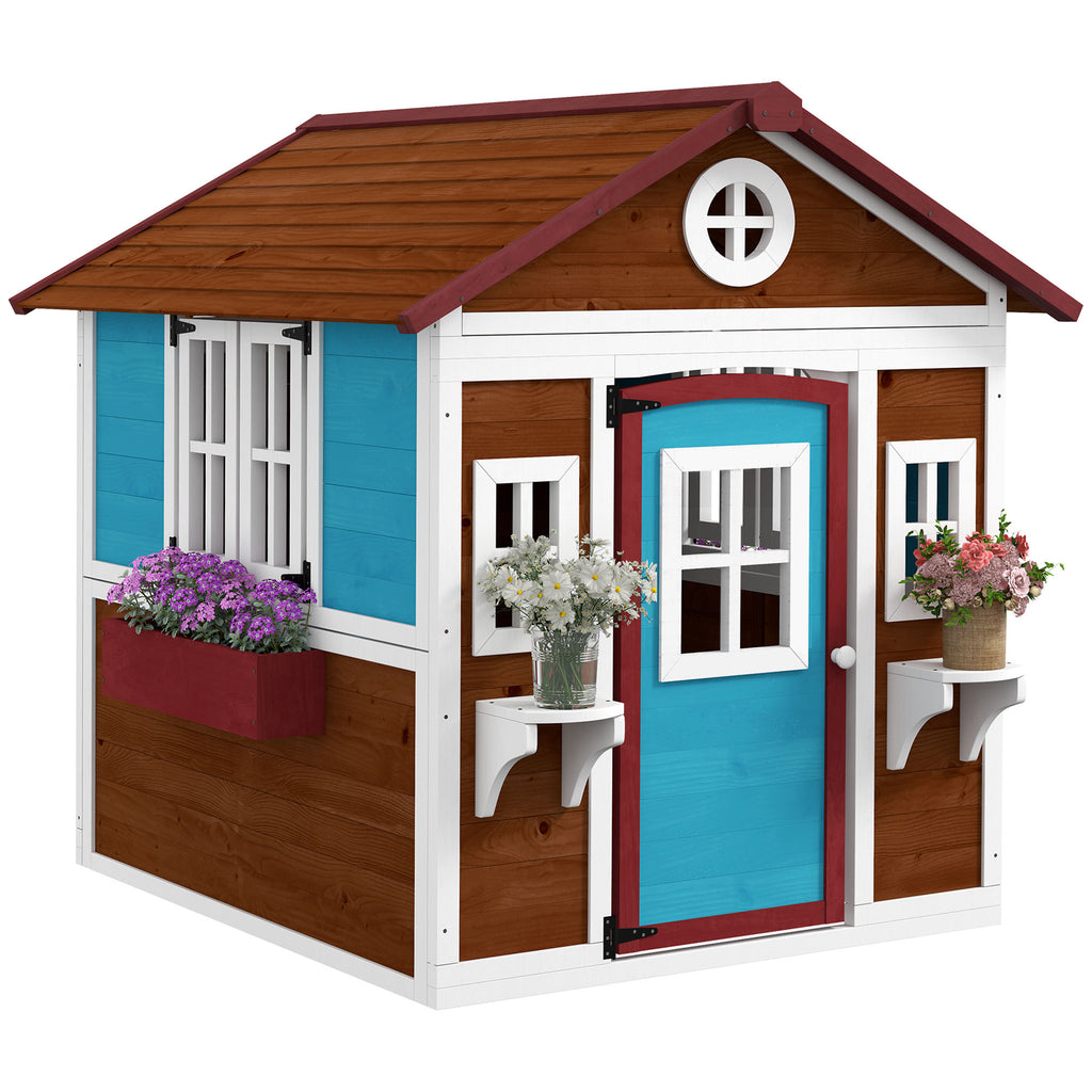 Outsunny Kinderspeelhuis van hout voor buiten, met ramen, bloempotten, ideaal voor kinderen van 3-8 jaar, Blauw