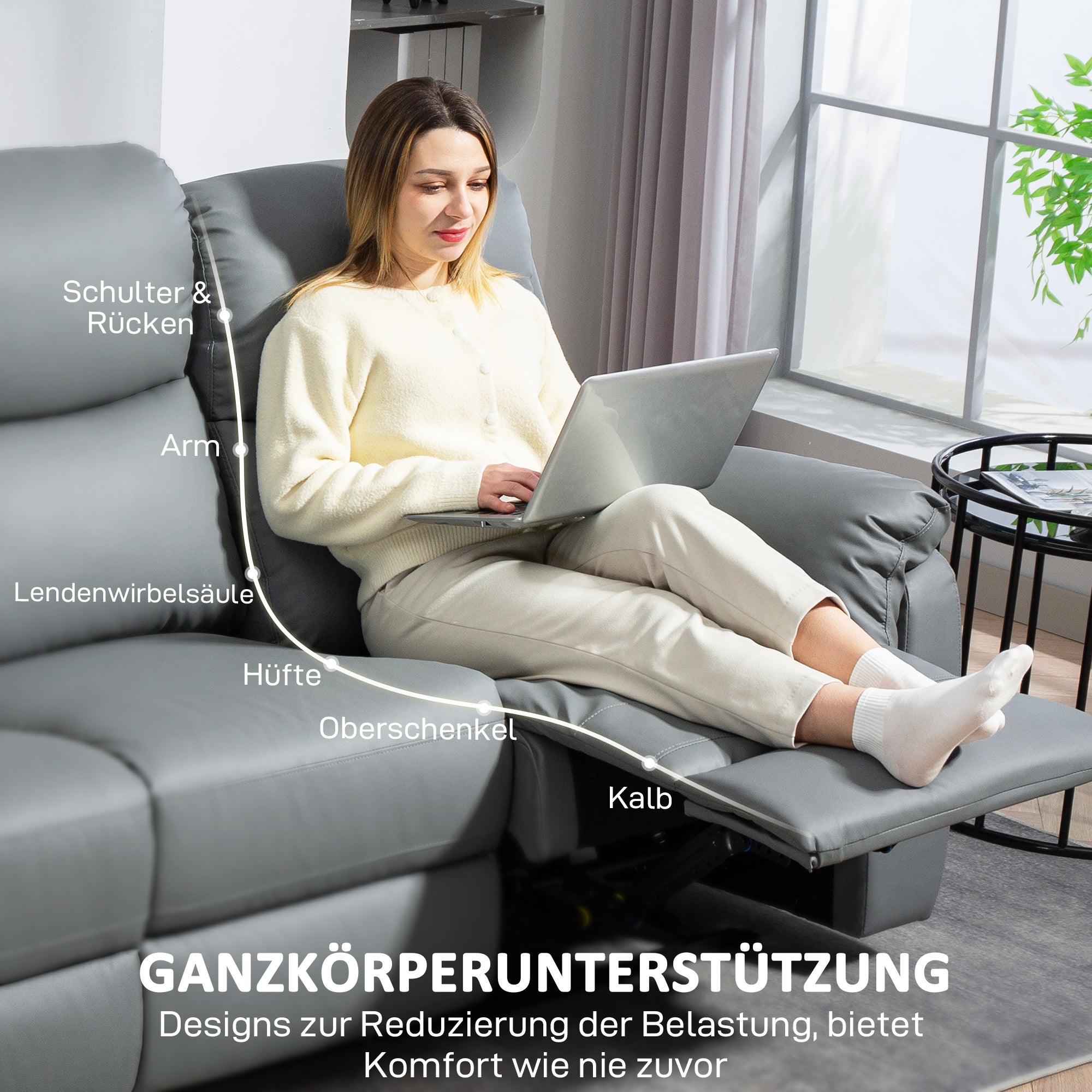 HOMCOM 3-zits Sofa, Links en Rechts Leunend, Aanpasbare Voetsteun, Kunstleder, Voor Woonkamer, Donkergrijs