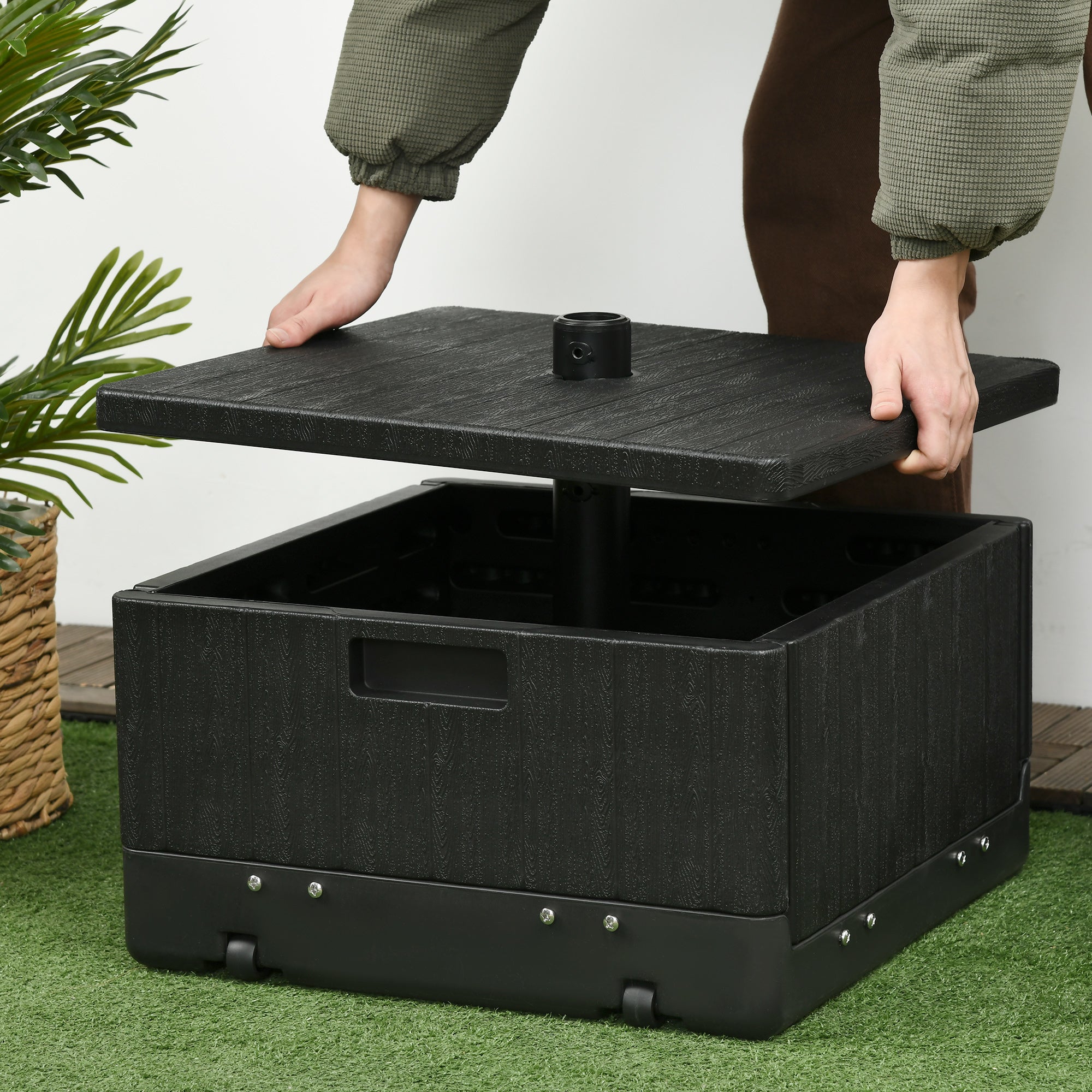 Outsunny 3-in-1 Parasolvoet, Bijzettafel, Bloembak, tot 80 kg zand, weerbestendig, Zwart
