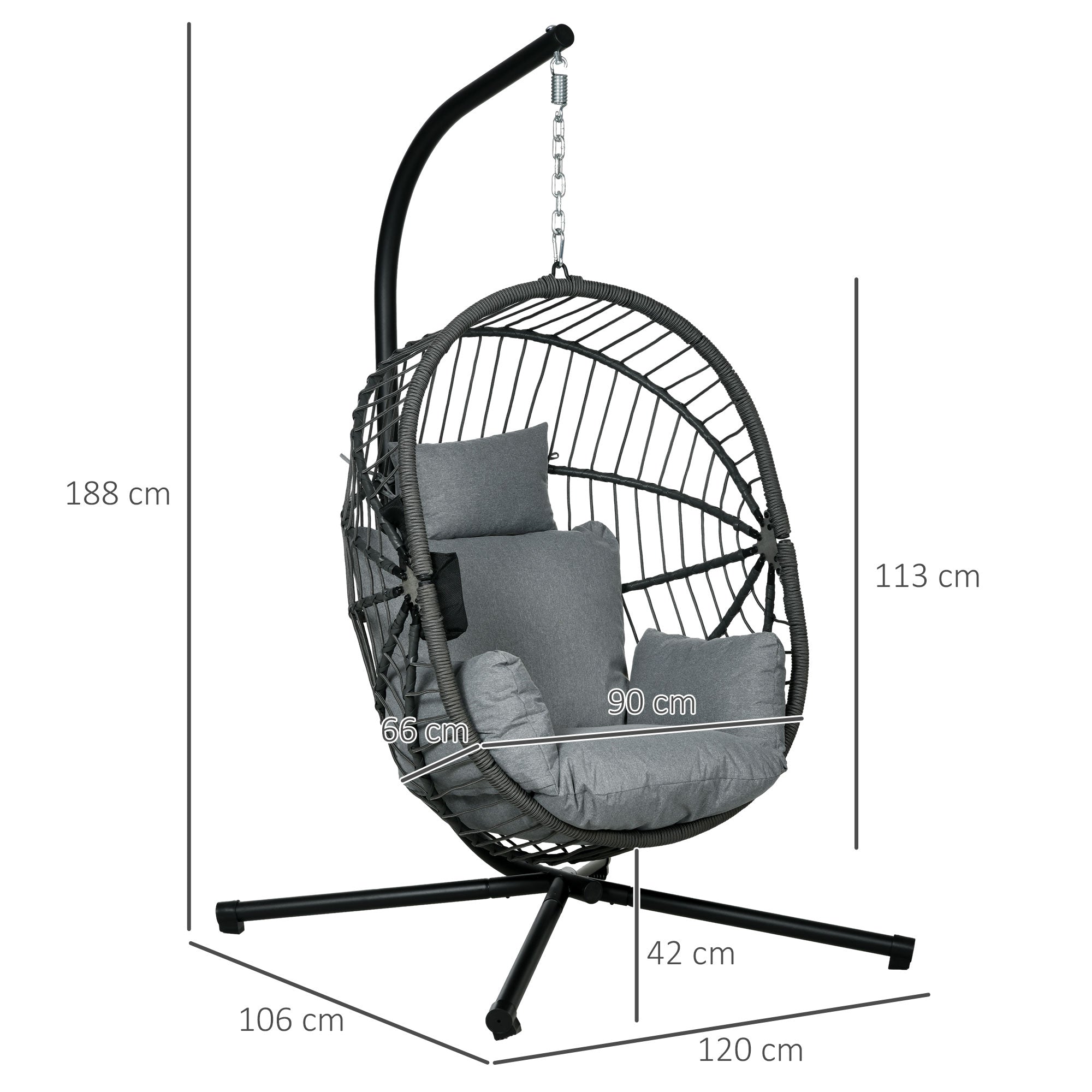 Outsunny Hangstoel voor buiten, inclusief kussen, Egg-Chair, 120 cm x 106 cm x 188 cm, Grijs