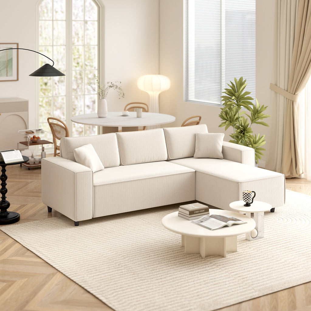 HOMCOM 3-Zitsbank met Chaise Longue, Woonkamerbank met Corduroy Bekleding, 2 Extra Kussens, Gestoffeerde Bank, Crèmewit