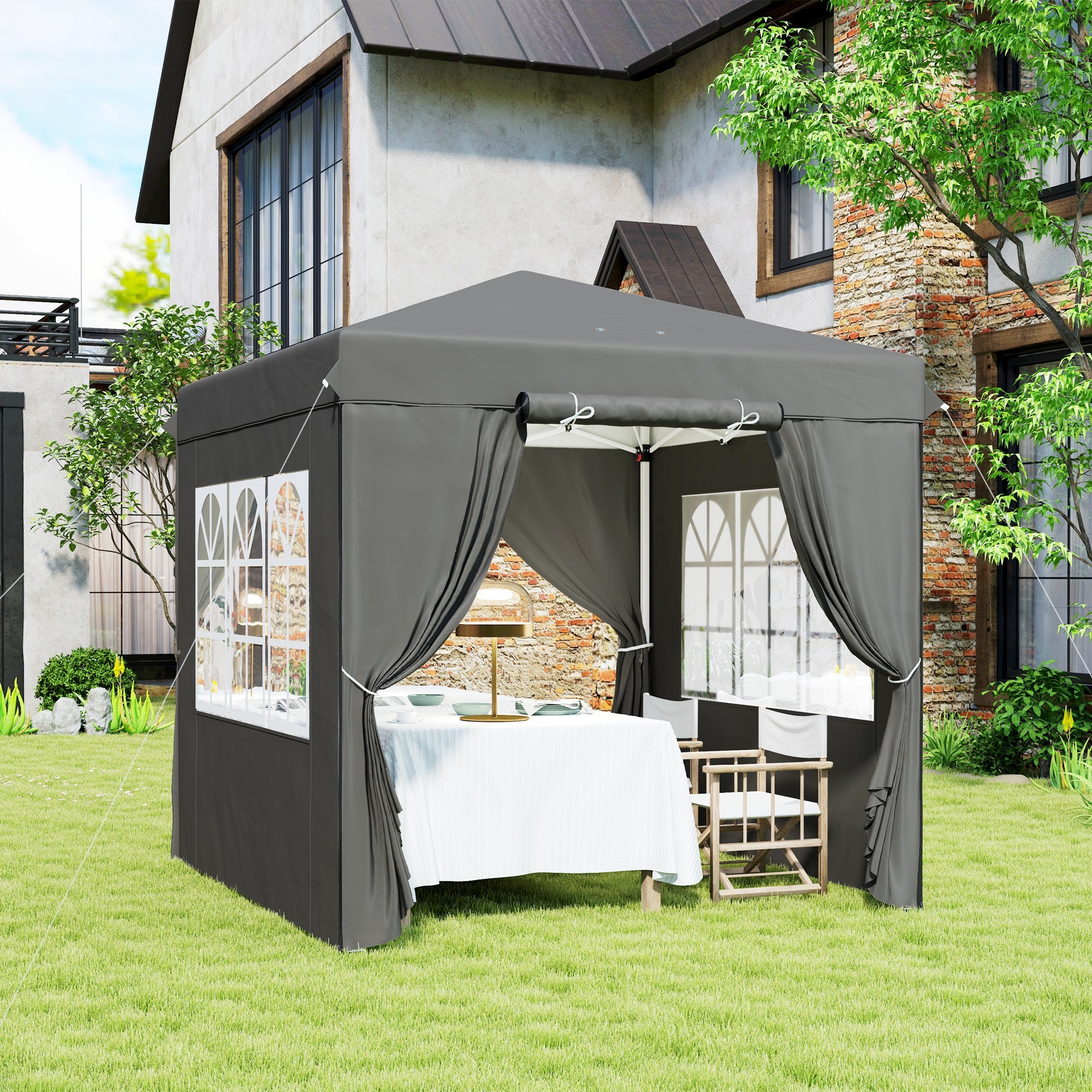 Outsunny 2,5 x 2,5 m Pop-up Paviljoen met Zijwanden en Transporttas, UPF50+ Hoogte Verstelbaar Tuinpaviljoen, Donkergrijs