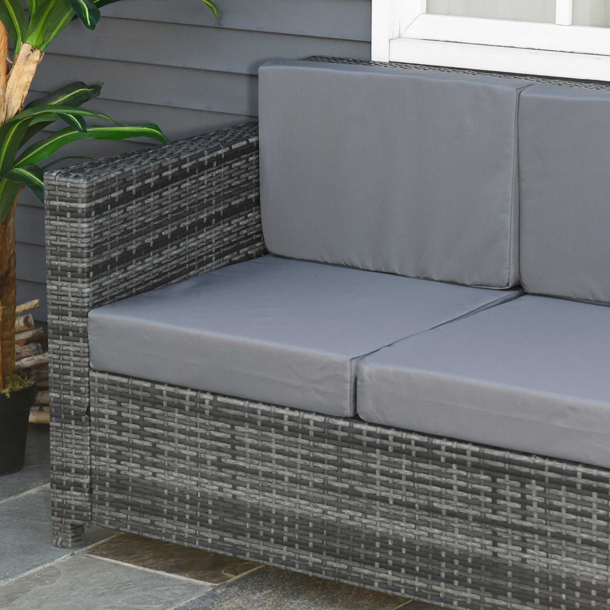 Outsunny Poly-rotan bank met kussens 3-zits loungebank tuin metaal polyester grijs