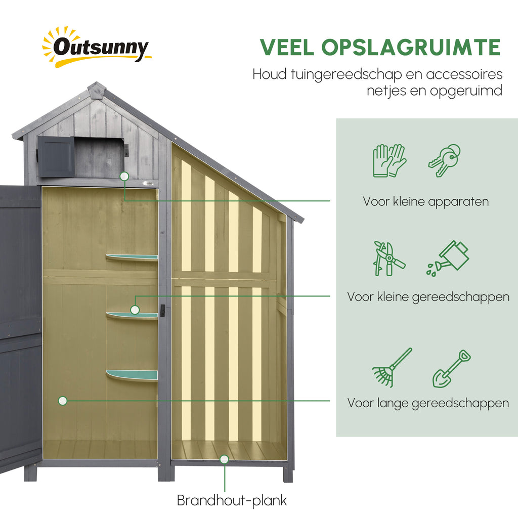 Outsunny tuinhuis gereedschapshuis gereedschapsschuur met opslagruimte voor brandhout gereedschapsschuur met 3 planken, grijs,130 x 54,5 x 180 cm