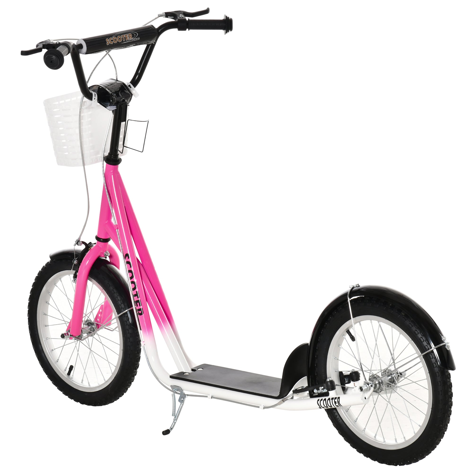 HOMCOM Kinderstep met Rem, Incl. Mand, Hoogteverstelbaar, voor Kinderen van 5 tot 12 Jaar, Wit + Roze