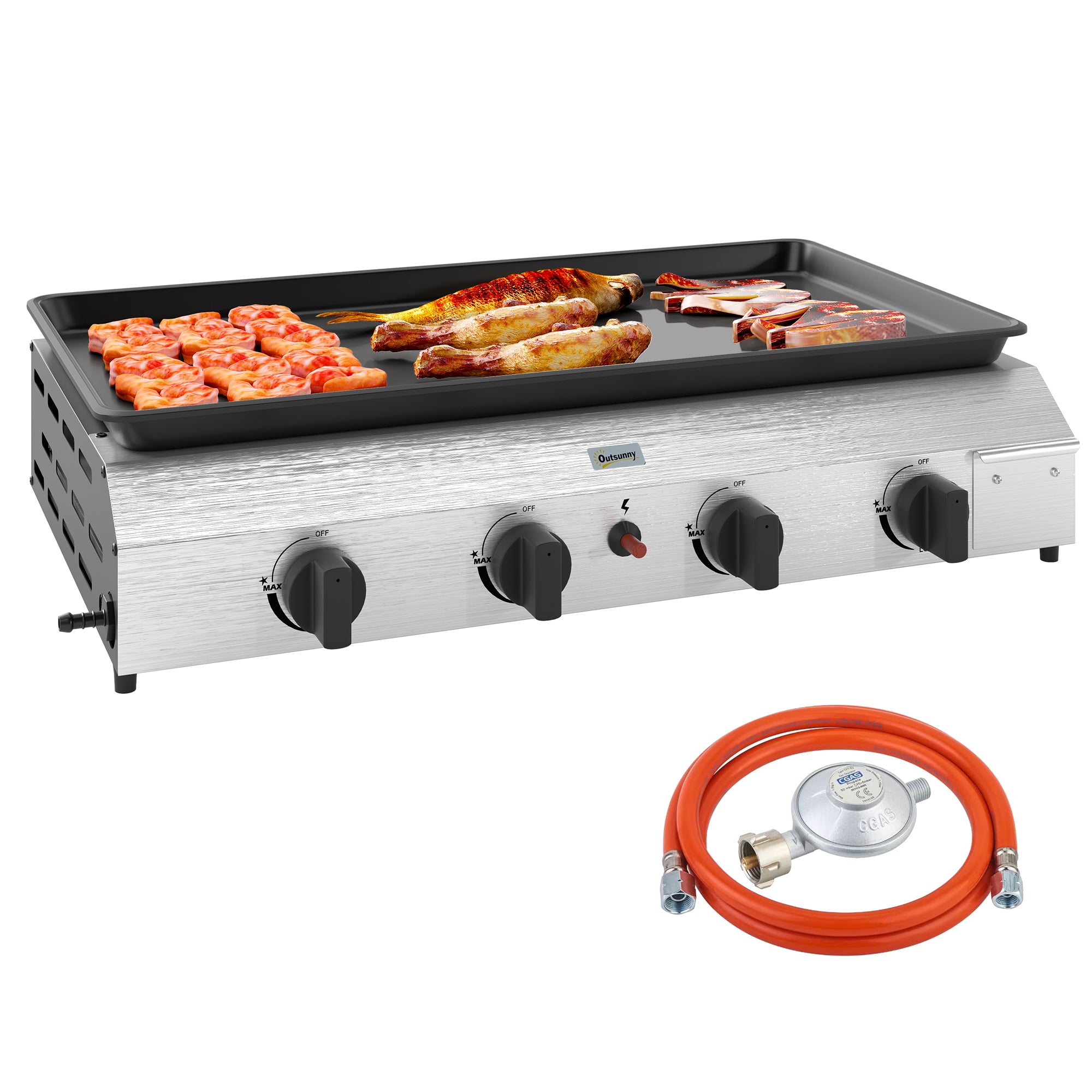 Outsunny Gasbarbecue met 8000BTU/2,4 KW, Grillwagen incl. 4 Roestvrijstalen Branders, Drukregelaar 44 x 44,5 x 19 cm Zilver+Zwart
