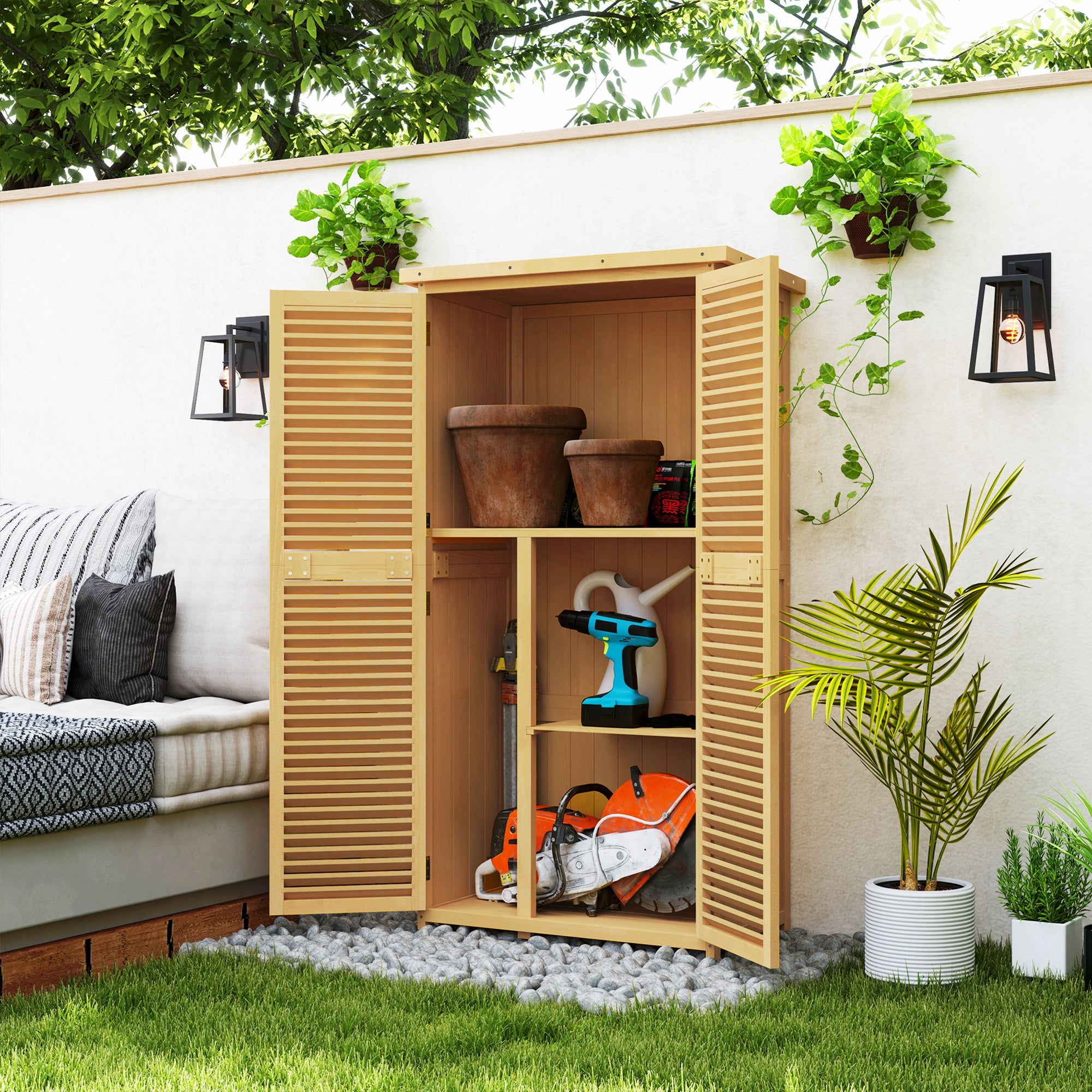 Outsunny Weerbestendige Tuinkast, 2 Deuren met Slot, Grenenhout, 87L x 46,5B x 160H cm, Lichtgeel