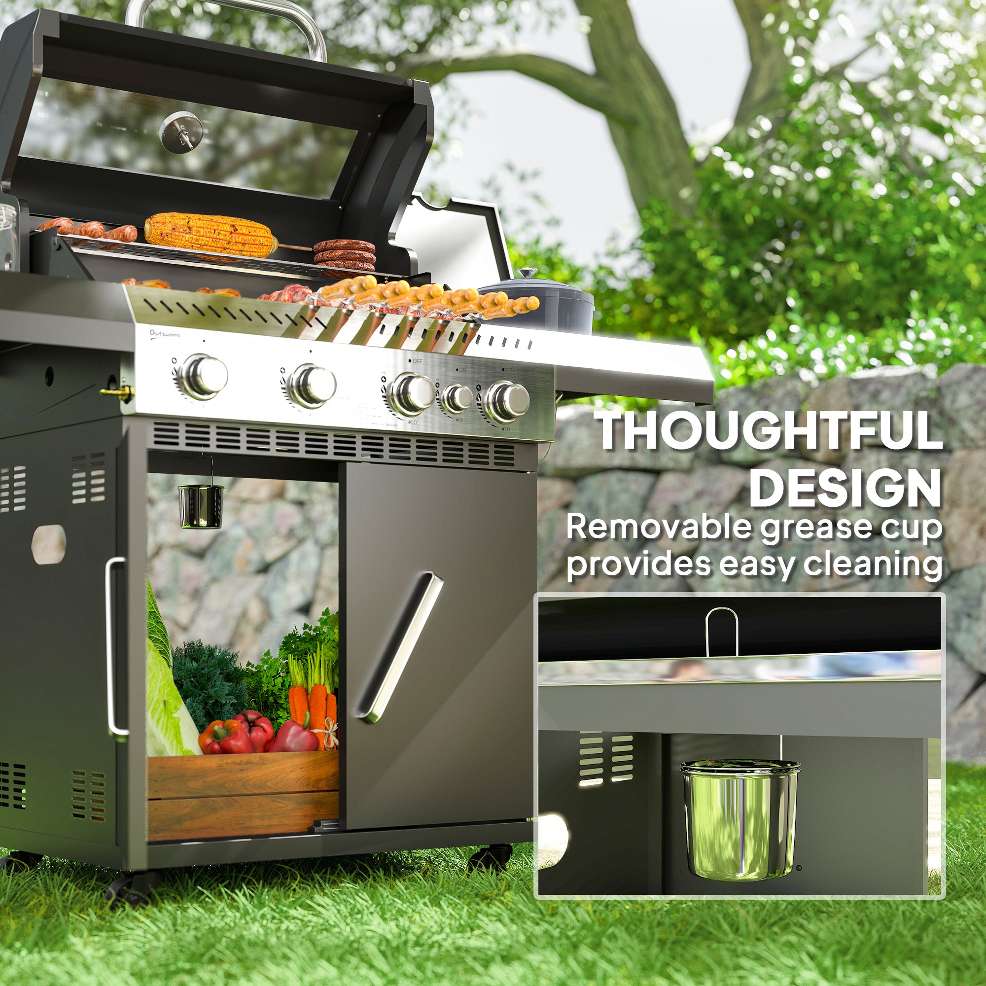 Outsunny Gasgrill 12 KW Grillwagen met 5 Branders, Zijkoker, Deksel, Thermometer, Zijplanken 135 x 54 x 110 cm