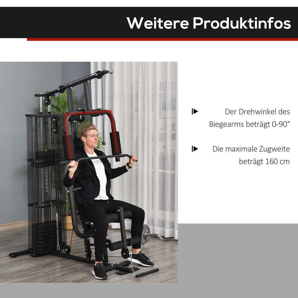 HOMCOM Gym Krachtstation Fitnessstation Multigym Fitnesscentrum Fitnessapparatuur incl. gewichten Latzug Beincurl Metaal PU-kunstleer zwart 150 x 110 x 210 cm