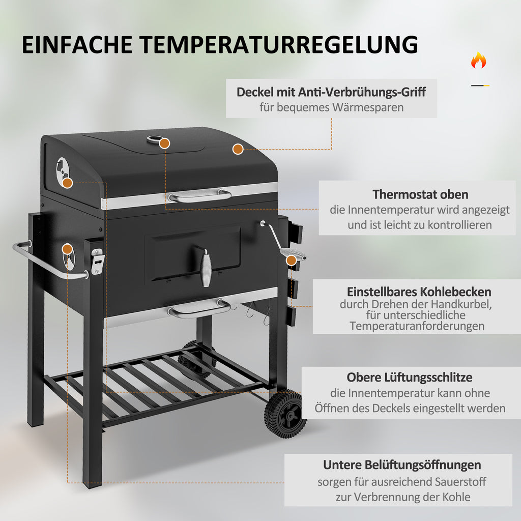 Outsunny Houtskoolbarbecue Smoker BBQ-Smoker, 1 Opbergruimte, 1 Handdoekhouder, 2 Grillroosters, 113 cm x 65 cm x 108 cm, Zwart