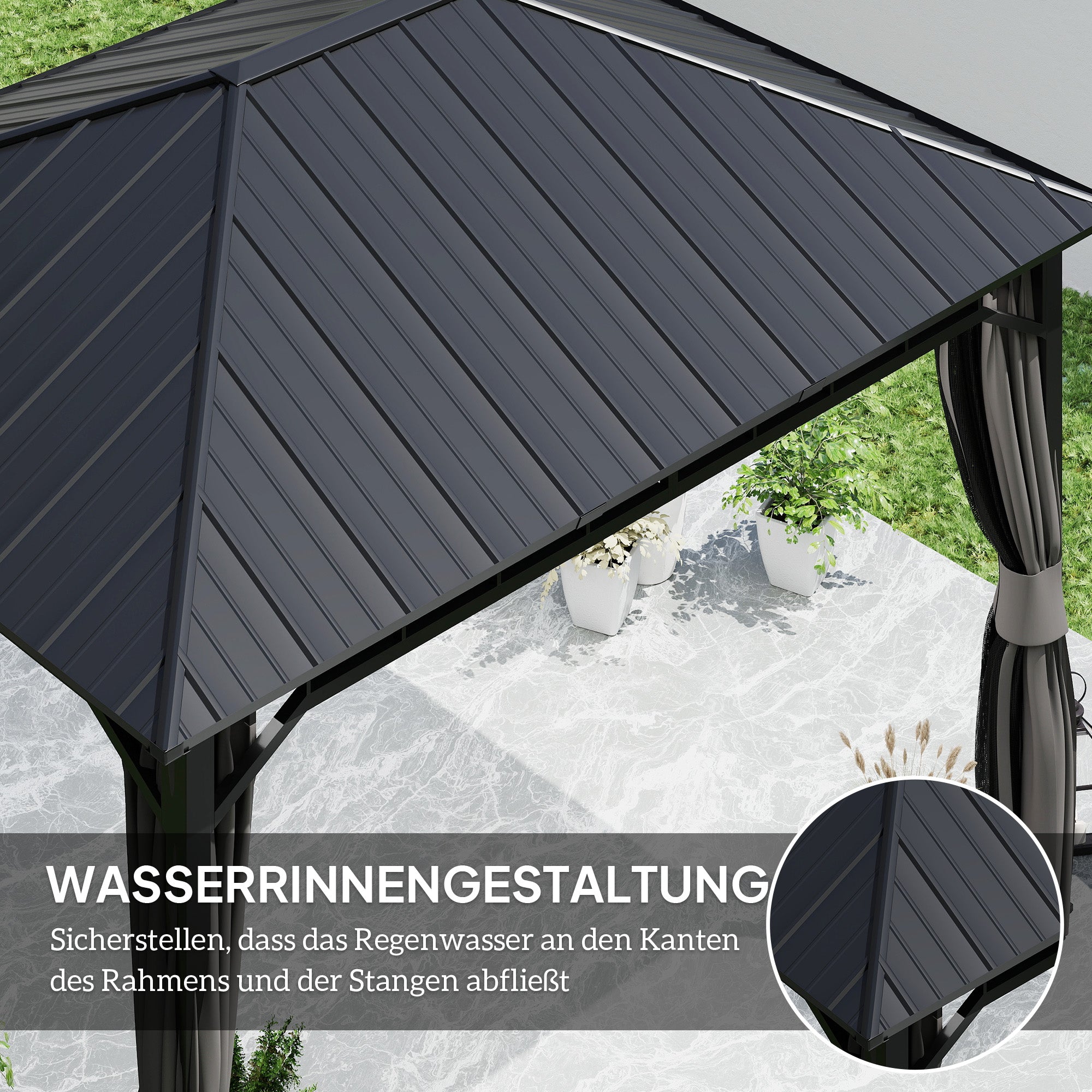 Outsunny Tuinpaviljoen, Metalen Paviljoen, Waterdicht, UV-bestendig, Terraspaviljoen met Netwanden en Gordijnen, Donkergrijs