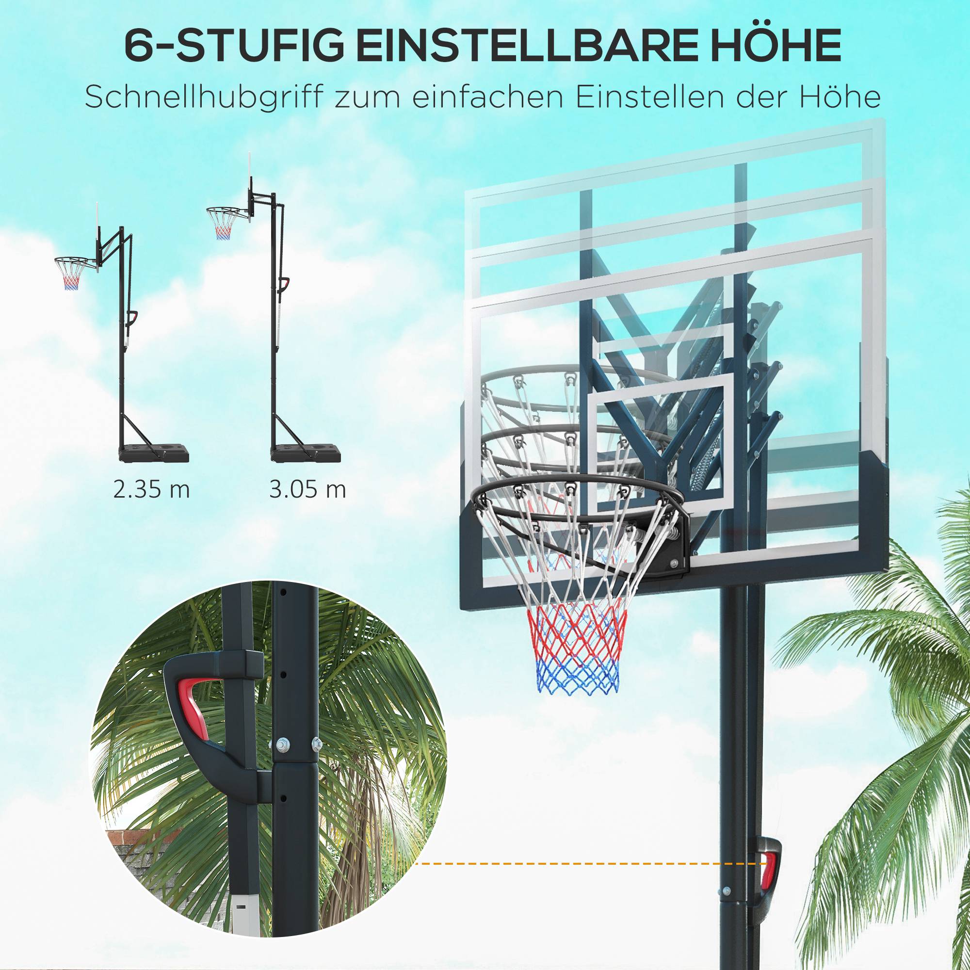 SPORTNOW Mobiele Basketbalstandaard, In Hoogte Verstelbaar, Onbreekbare Achterwand, 2,35-3,05 m Korfhoogte, Zwart