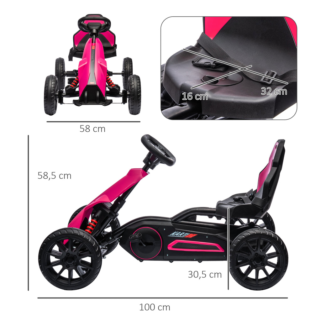 HOMCOM Go-Kart voor Kinderen met Verstelbare Stoel, Trapvoertuig, Trapauto met Handrem, 3-8 Jaar, Outdoor, Roze