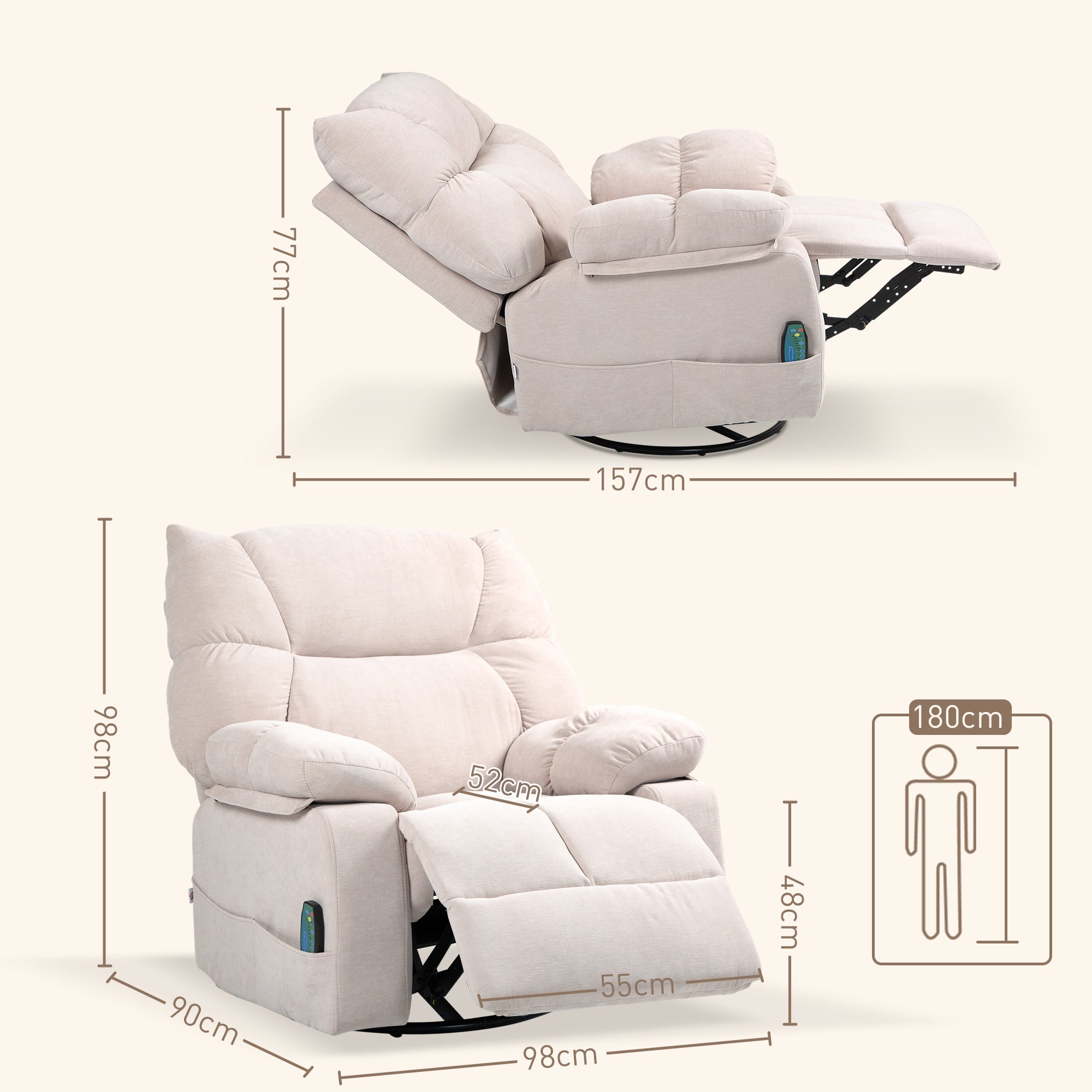 HOMCOM Massagestoel met Verwarmings- & Ligfunctie, Draaibaar, tot 150 kg, Metaal Frame, 98x90x98cm, Beige