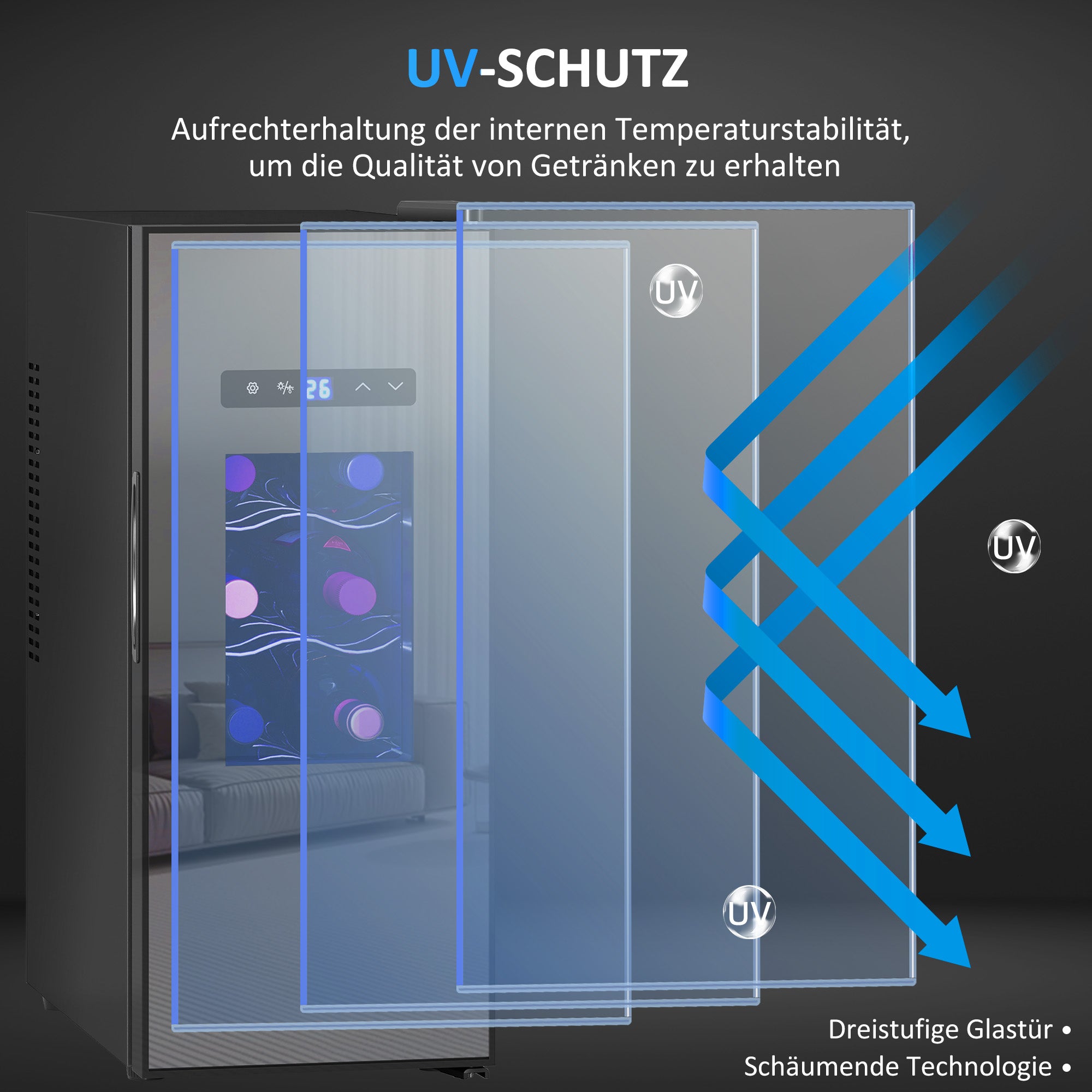 HOMCOM Wijnkoelkast voor 12 Flessen met Glazen Deur en LED-Licht, Touch-Screen, Zwart