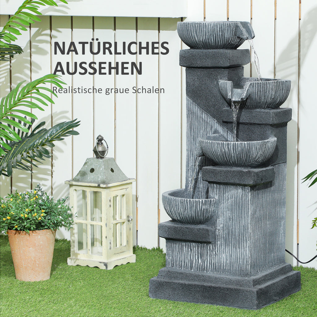 Outsunny 85 cm Outdoor Fontein, 4-Verdiepingen Sierfontein, Kunstmatige Waterval met LED-verlichting en Pomp, Grijs