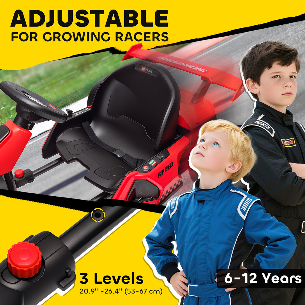 HOMCOM Go-Kart voor Kinderen, Elektrisch Kart met Toeter en Muziekfunctie, Verstelbare Stoel, tot 12 km/u, Kunststof, Metaal, Rood