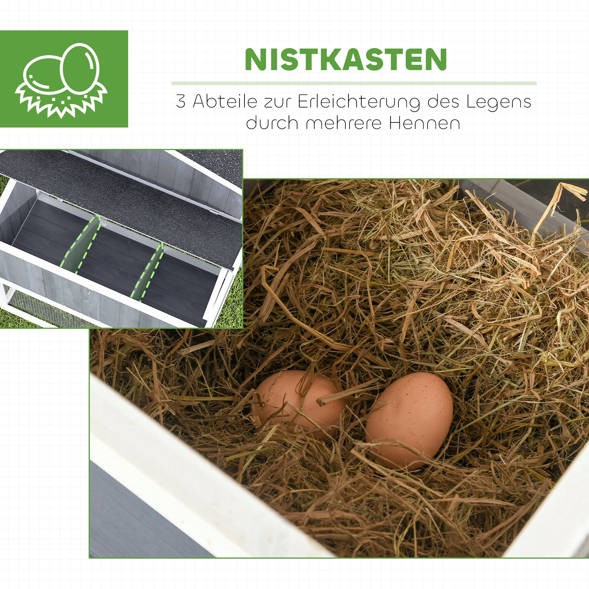PawHut Kippenren met Uitloop voor 3-4 Kippen, 3-Delige Nestkast, 1,9 m² Oppervlak, Dennenhout, Grijs