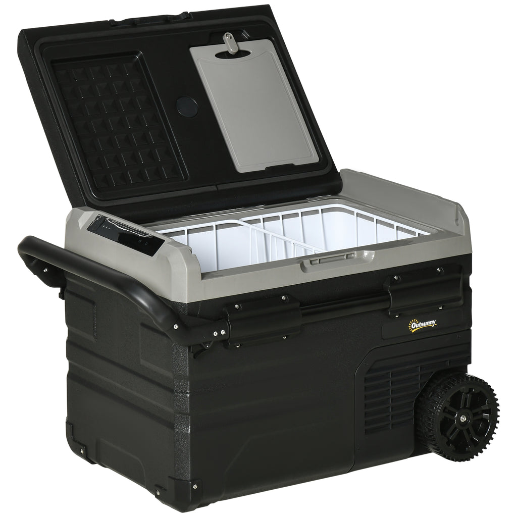 Outsunny koelbox auto 40L met LED verlichting compressor auto koelkast met handgrepen transportwielen kofferbak camper travel 12/24V DC en 110-240V AC grijs + zwart