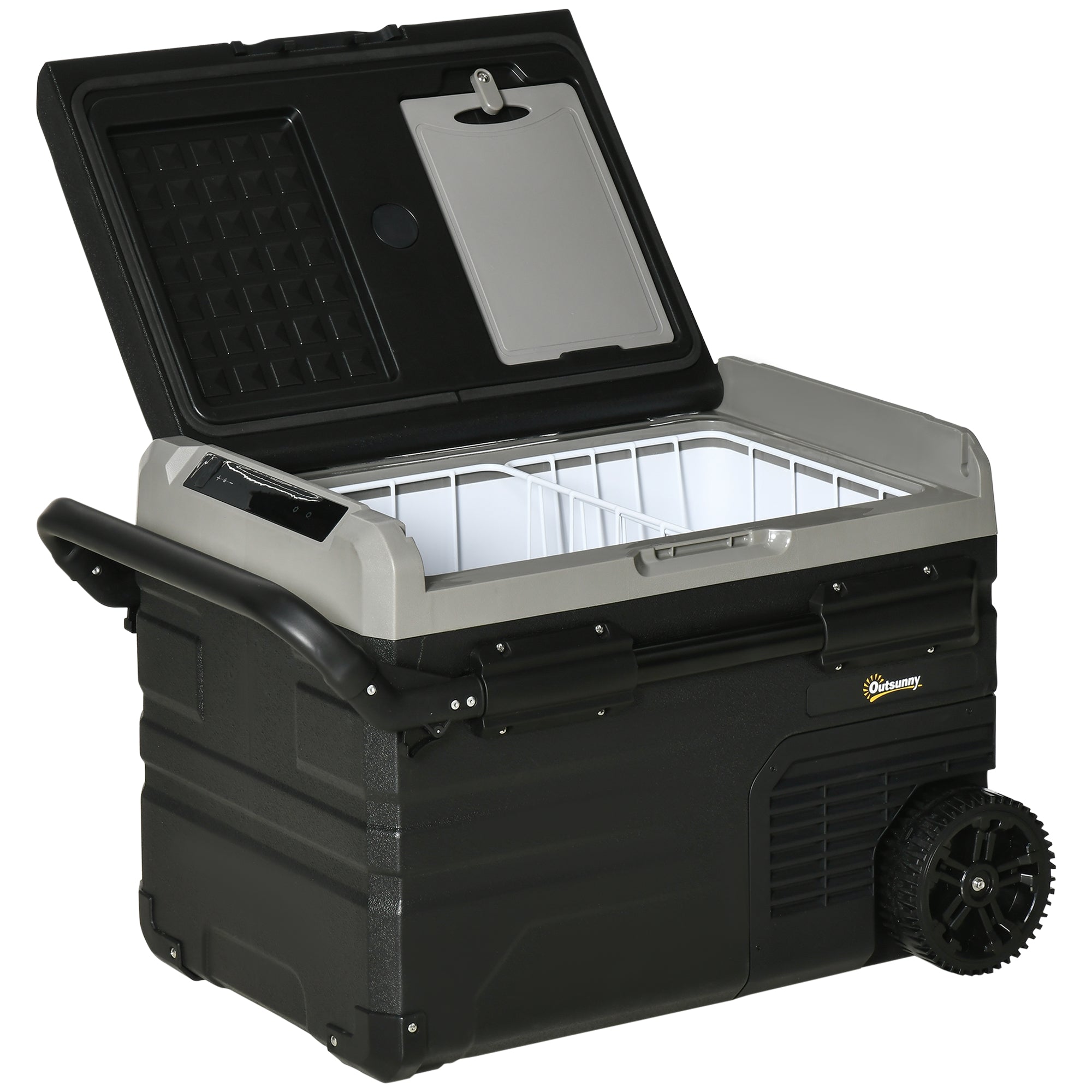 Outsunny koelbox auto 40L met LED verlichting compressor auto koelkast met handgrepen transportwielen kofferbak camper travel 12/24V DC en 110-240V AC grijs + zwart