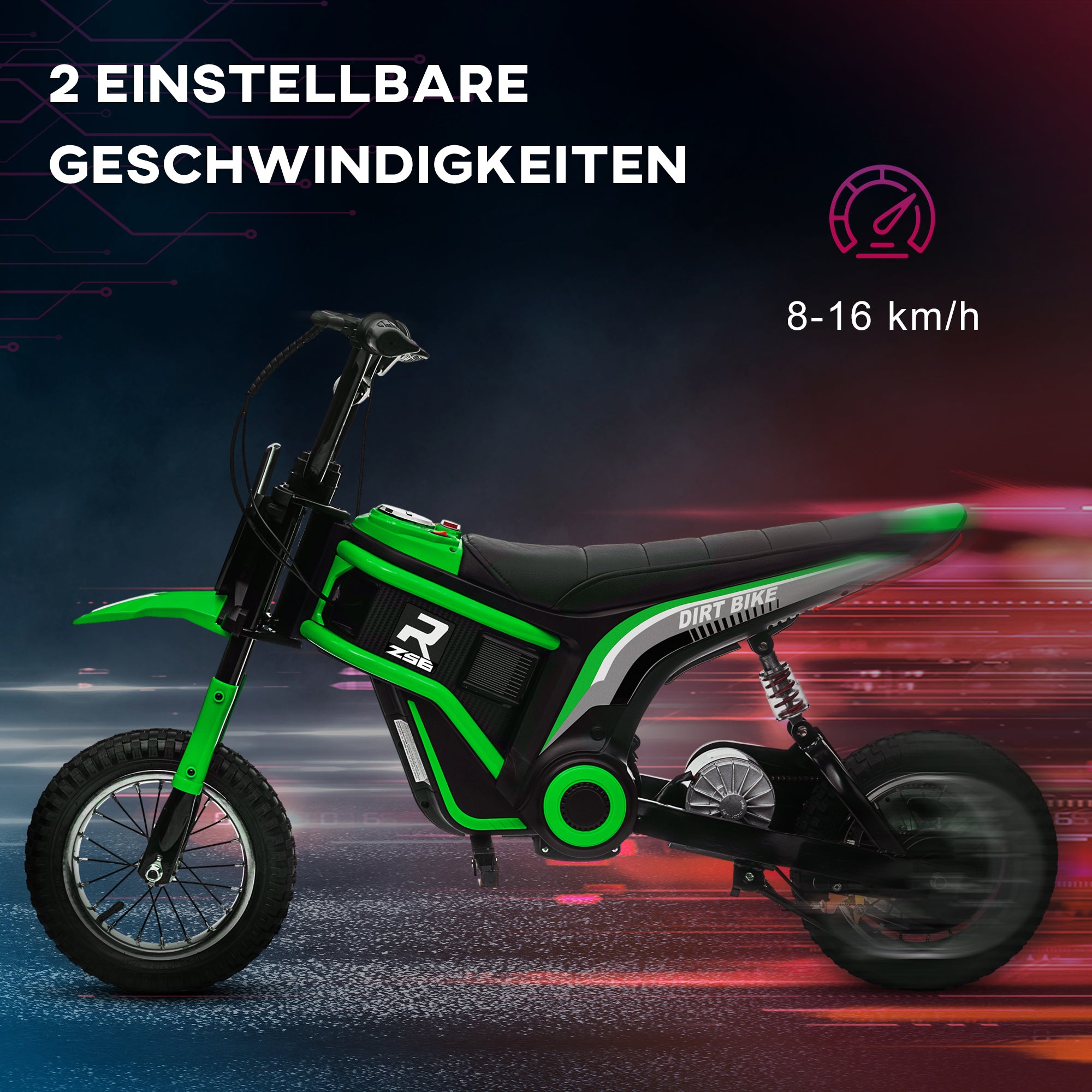 HOMCOM Elektrische Kindermotor, 24V motor, instelbare snelheid, muziek & lichten, Groen