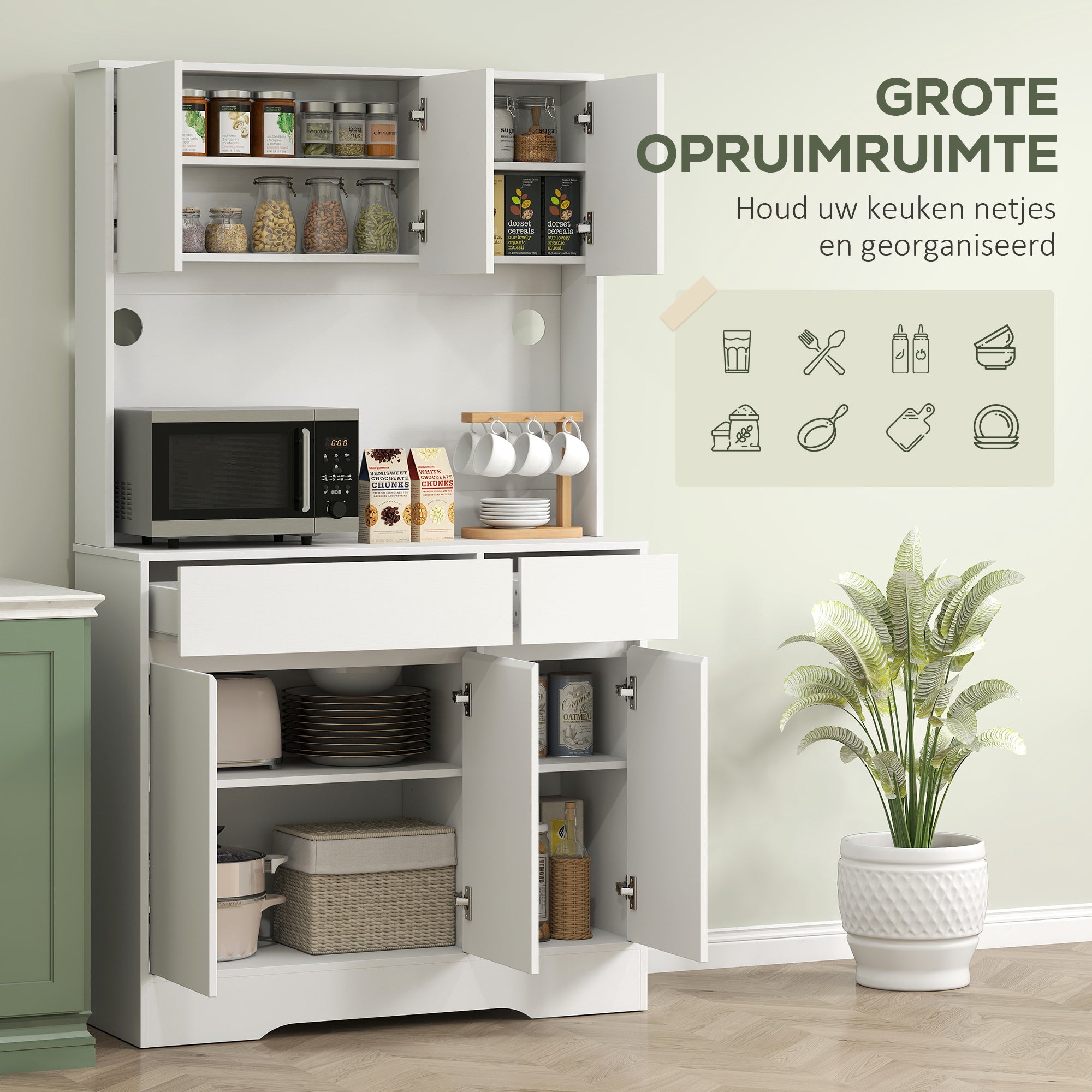 HOMCOM Keukenkast met Open Werkblad, 6 Kastdeuren, 2 Laden, Verstelbare Planken, Kabelgaten, Spaanplaat, Wit