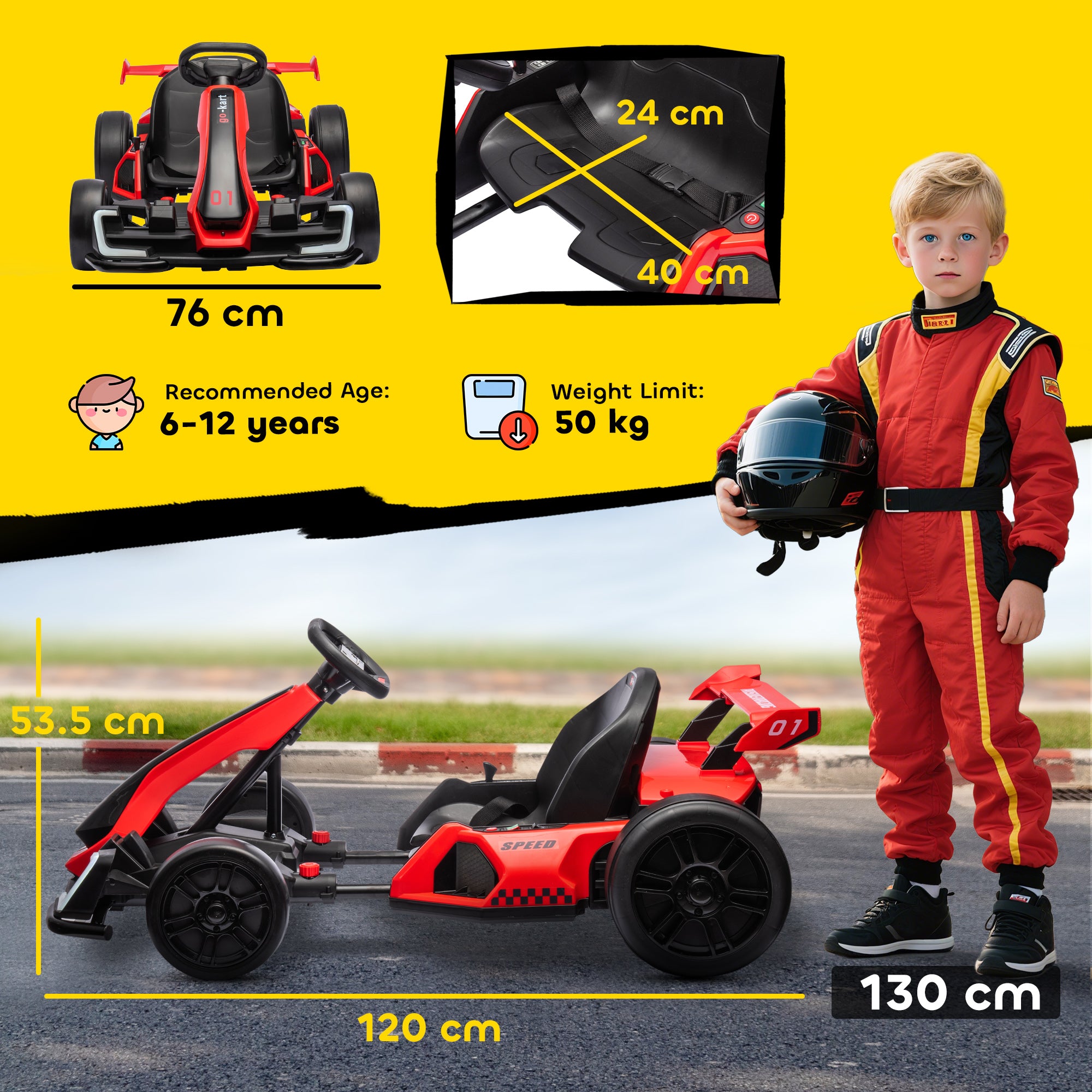 HOMCOM Go-Kart voor Kinderen, Elektrisch Kart met Toeter en Muziekfunctie, Verstelbare Stoel, tot 12 km/u, Kunststof, Metaal, Rood