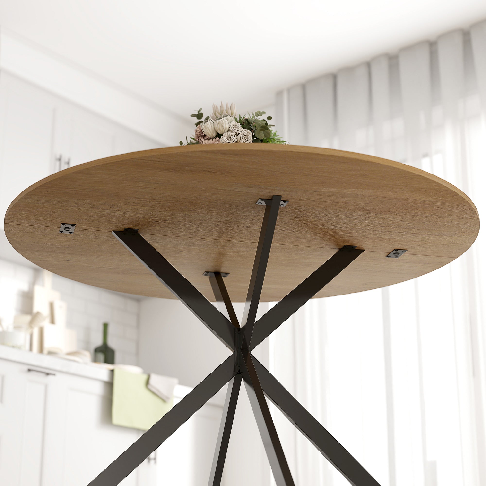 HOMCOM Ronde Eettafel voor 4 Personen, Keukentafel in Industriële Stijl met Stalen Poten, voor Eetkamer, Keuken, Eiken