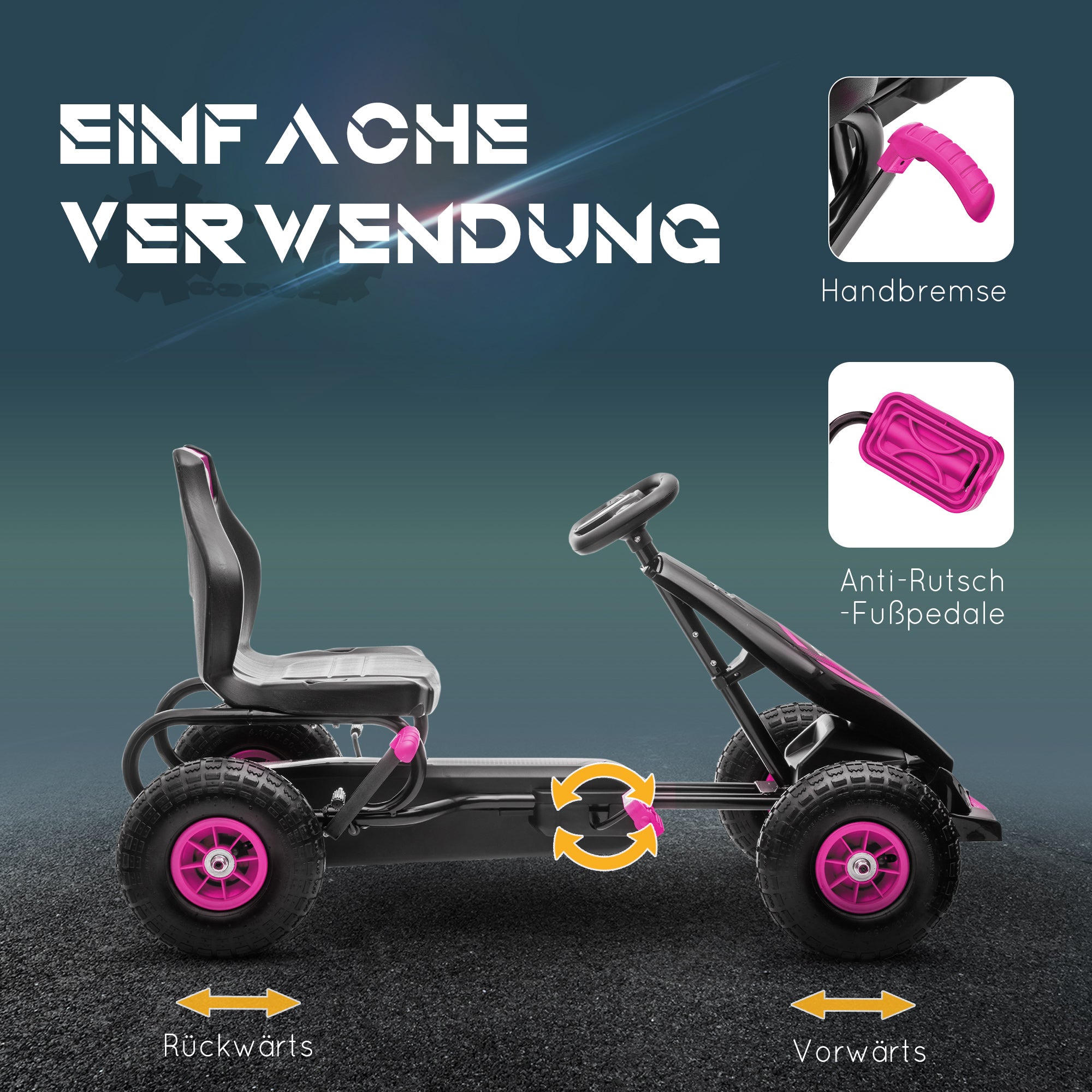 HOMCOM Kinder-Skelter, met Pedalen, Verstelbare Stoel, Geschikt voor Binnen en Buiten, vanaf 5 Jaar, Roze, 121 x 58 x 61 cm