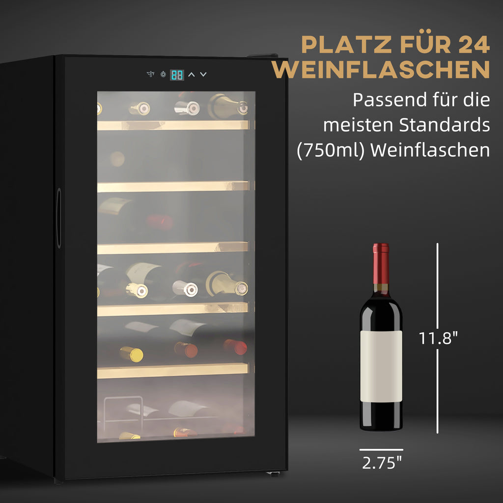 HOMCOM Wijnkoelkast voor 24 flessen, instelbare temperatuur van 5 tot 20° C, LED-verlichting, zwart, 43 x 45 x 75 cm