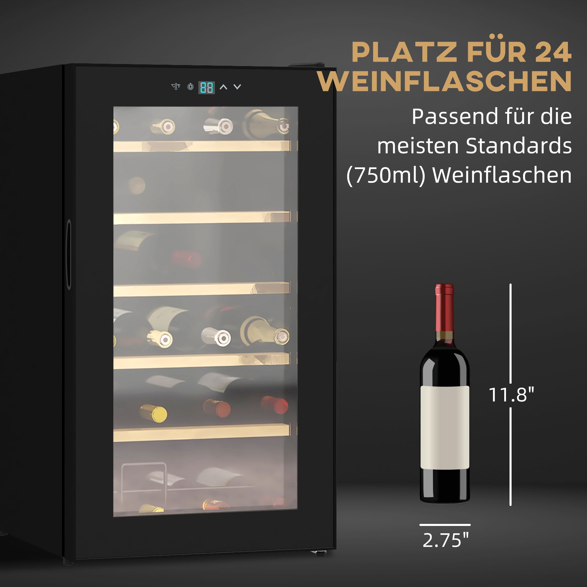 HOMCOM Wijnkoelkast voor 24 flessen, instelbare temperatuur van 5 tot 20° C, LED-verlichting, zwart, 43 x 45 x 75 cm