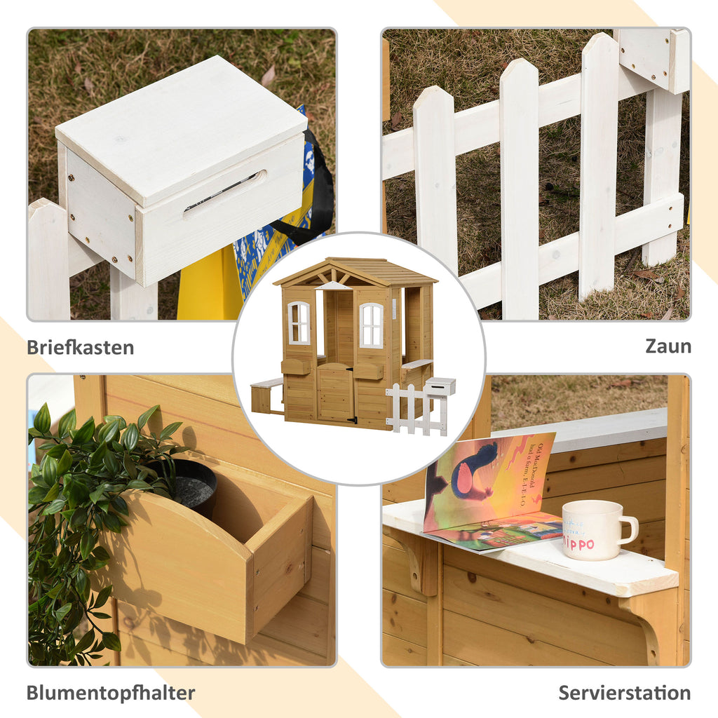 Outsunny Houten kinderspeelhuis Tuinspeelhuis met deur, ramen, plantenbak en bankje voor kinderen 3-6 jaar