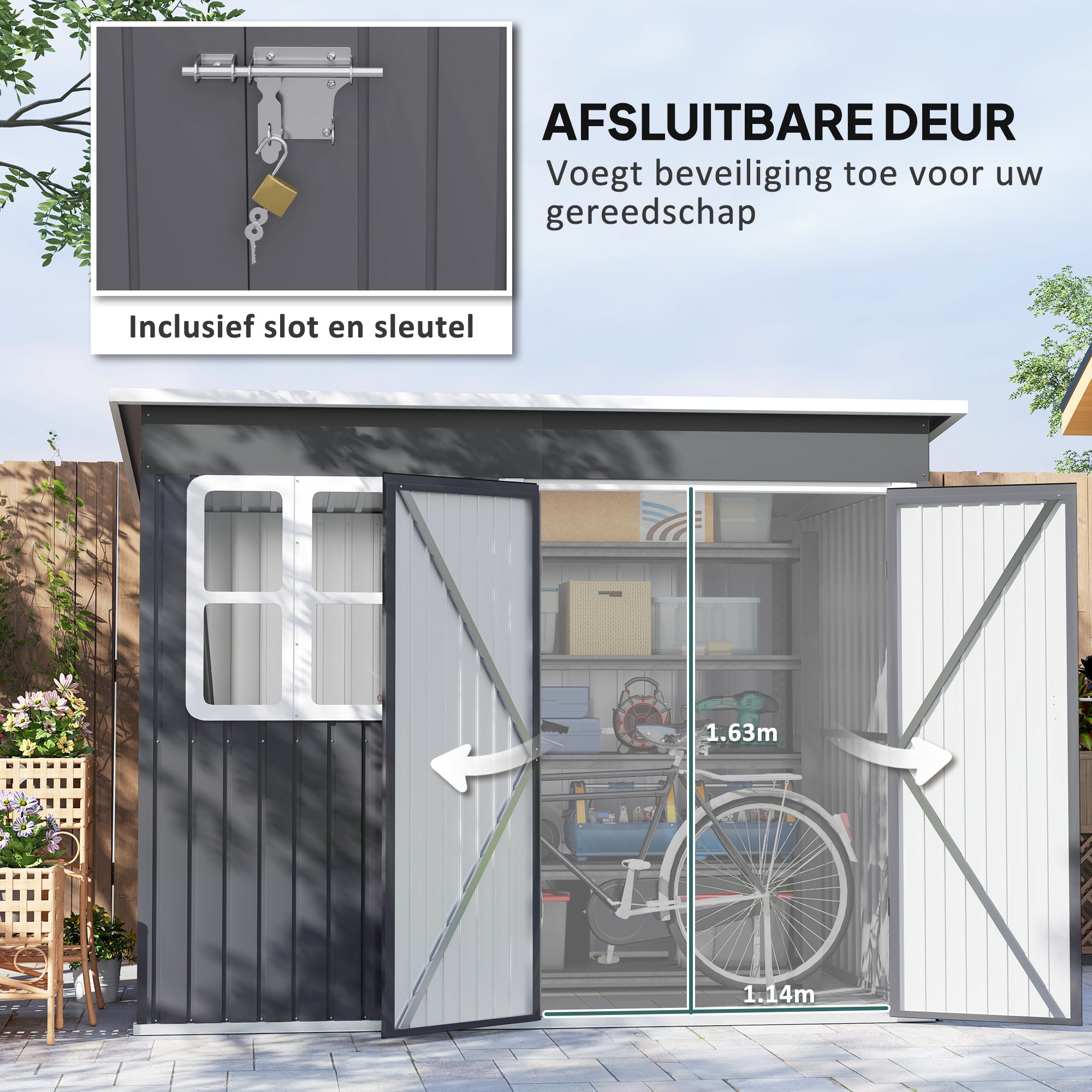 Outsunny Metalen Tuinschuur voor Opslag van Tuingereedschap, met Venster, Brede Deur, 260 x 177 x 190 cm, Donkergrijs