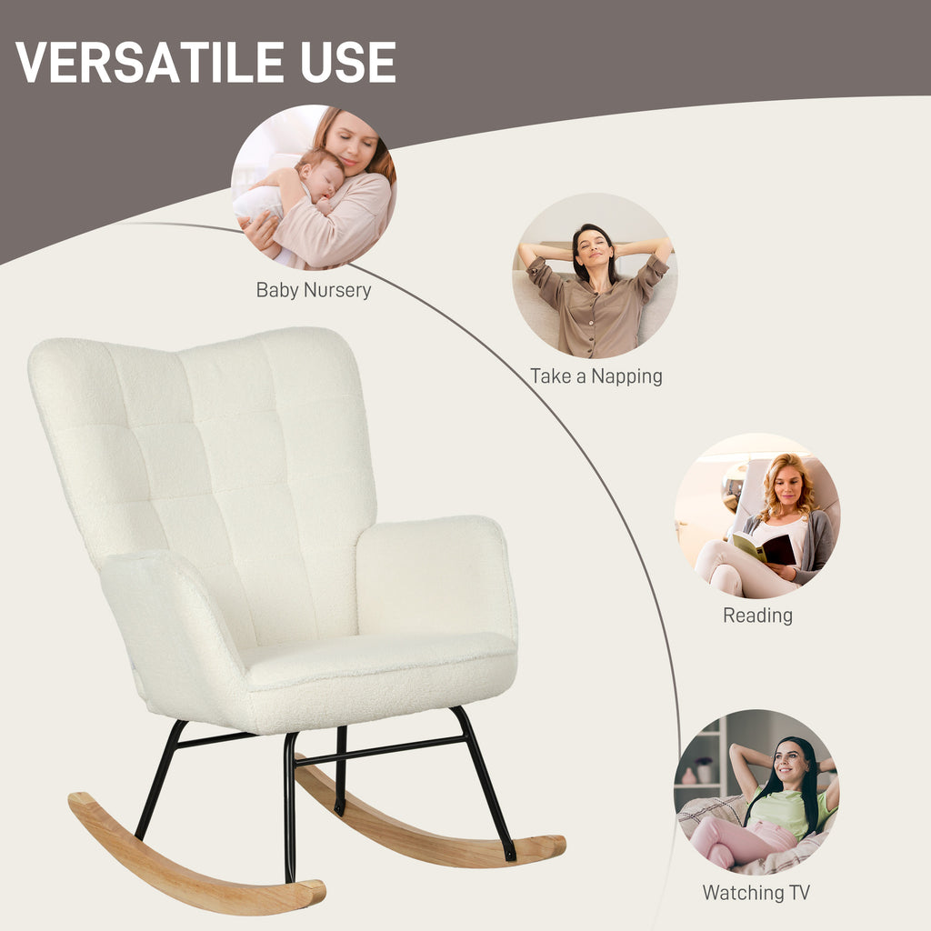 HOMCOM Schommelstoel in Berbervlies Look met Armleuningen, Ergonomische Stoel met Houten Glijders, voor Woonkamer, Slaapkamer, Wit
